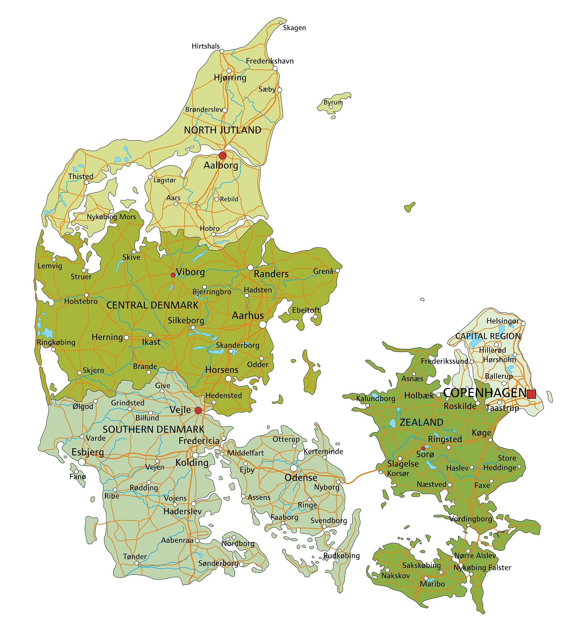 highly detailed editable political denmark map.