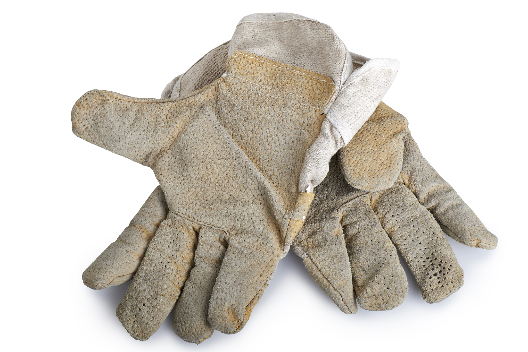 pair of canvas and leather work gloves on white