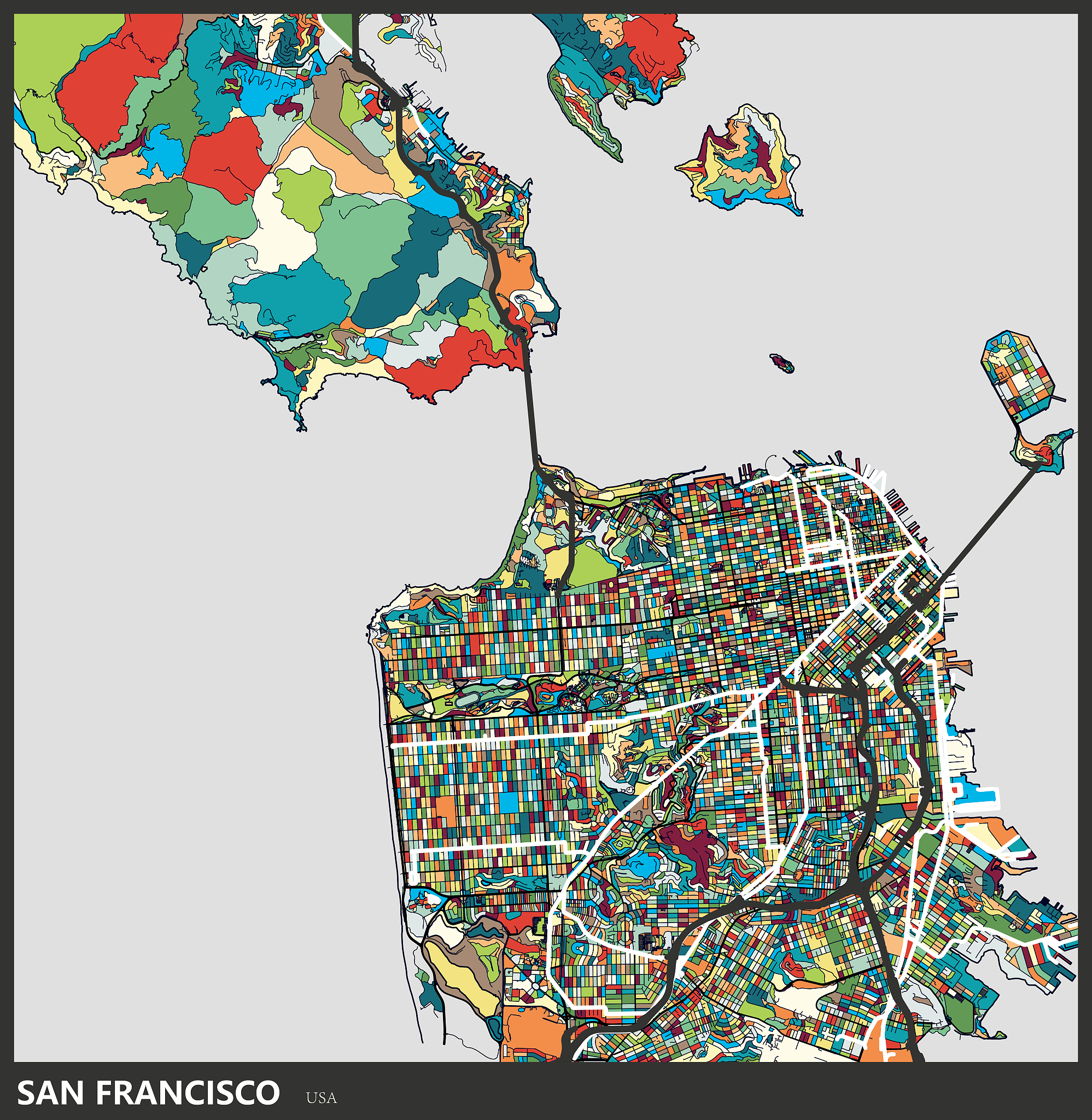 art illustration of san francisco city map
