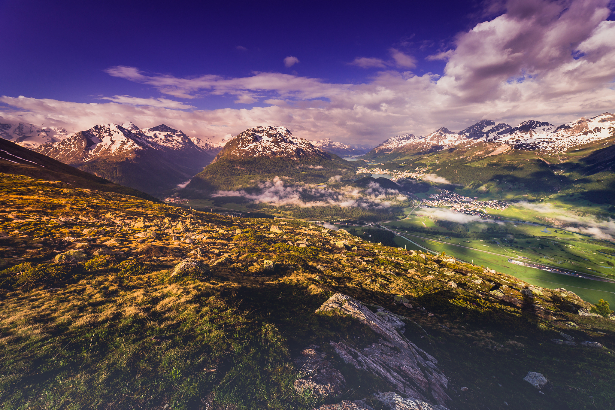 alpine landscape above st moritz, silvaplana and maloja at sunse