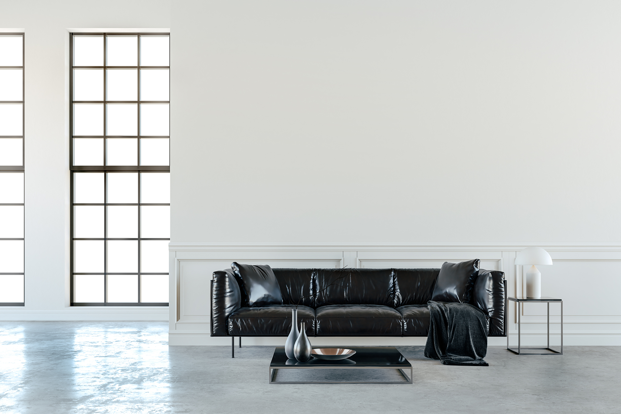 3d render of beautiful interior with sofa and wooden floor