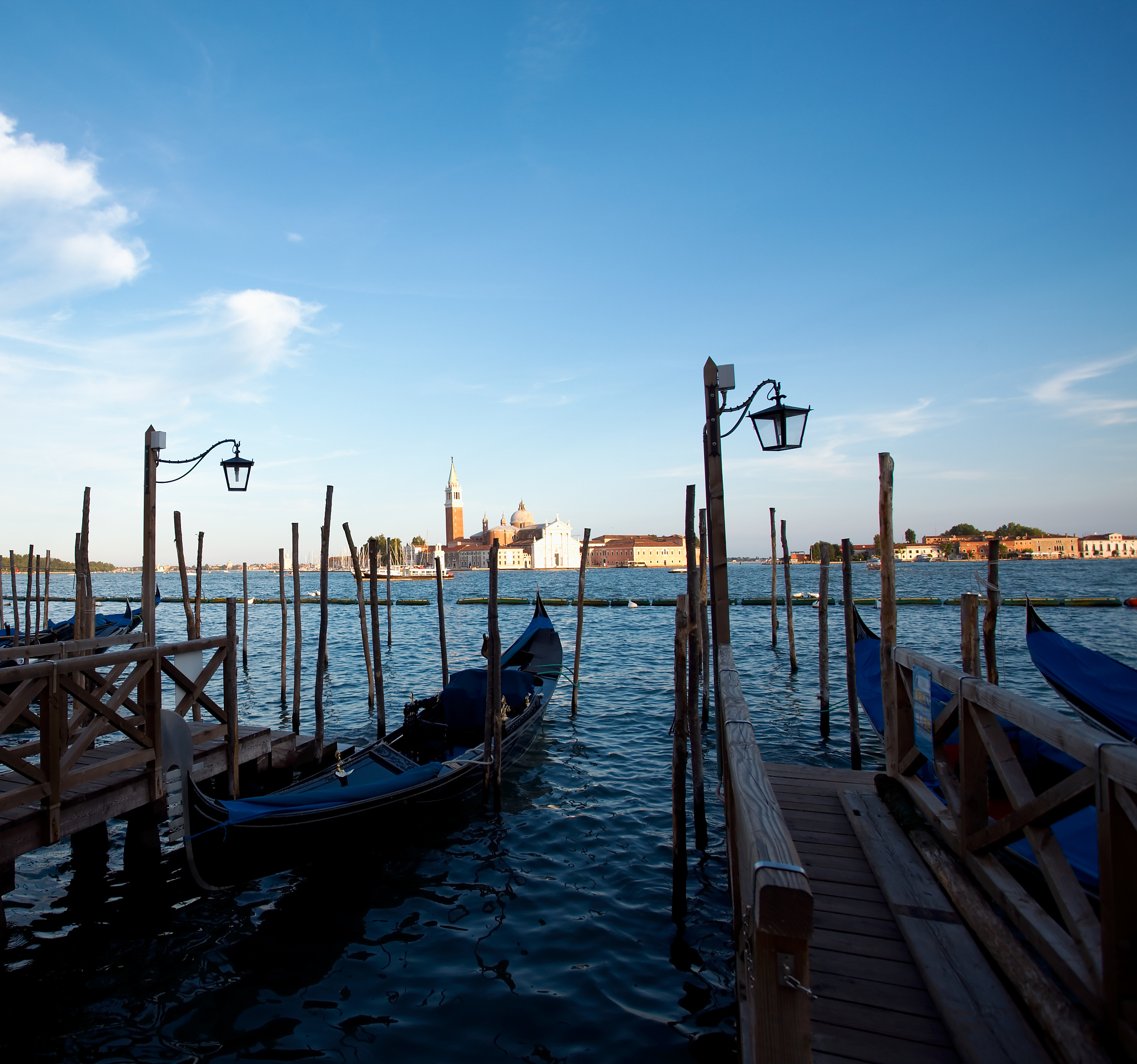 gondolas and san giorgio maggiore church in venice, italy
