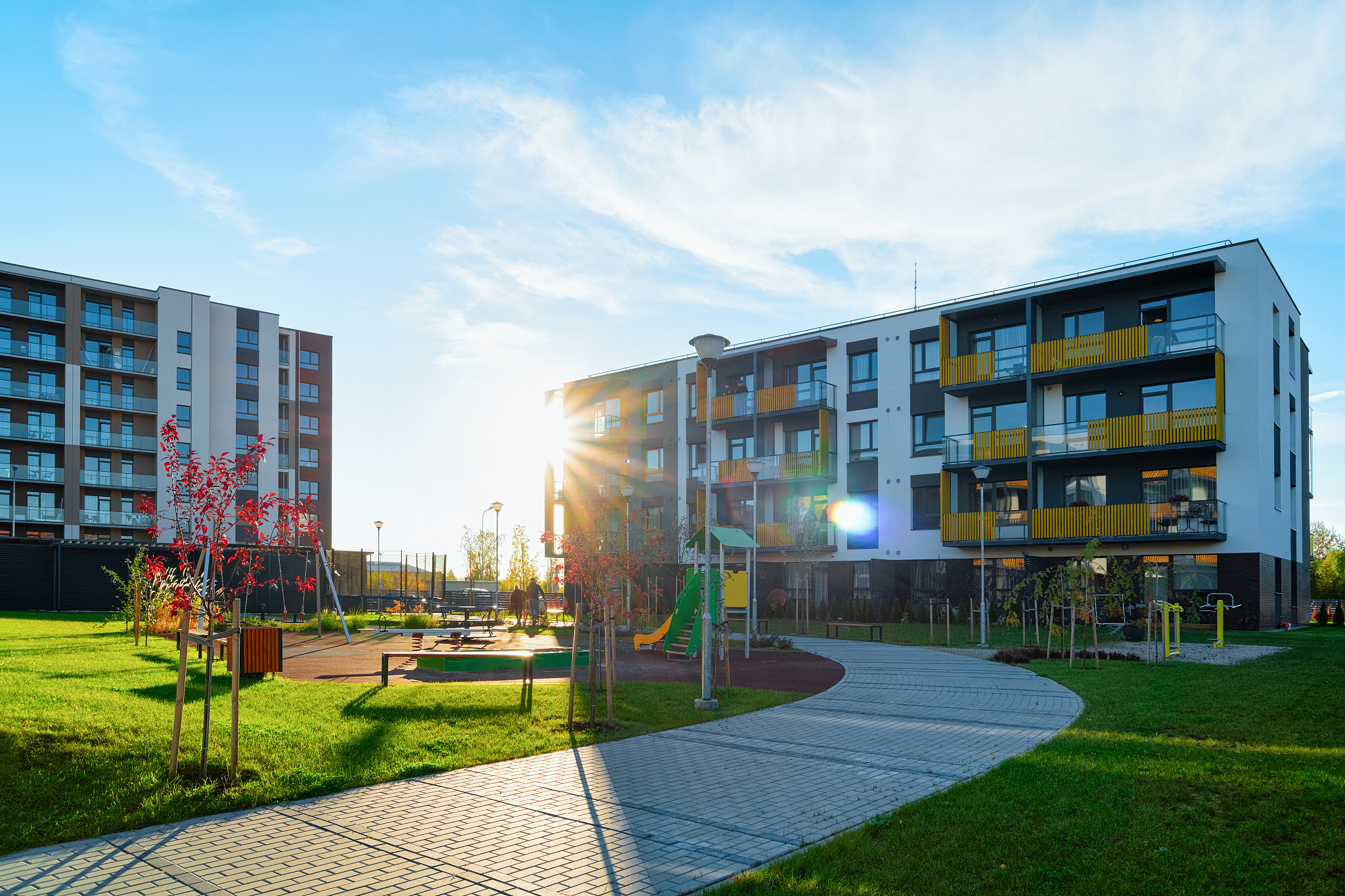 apartment residential house facade architecture with kids playgr