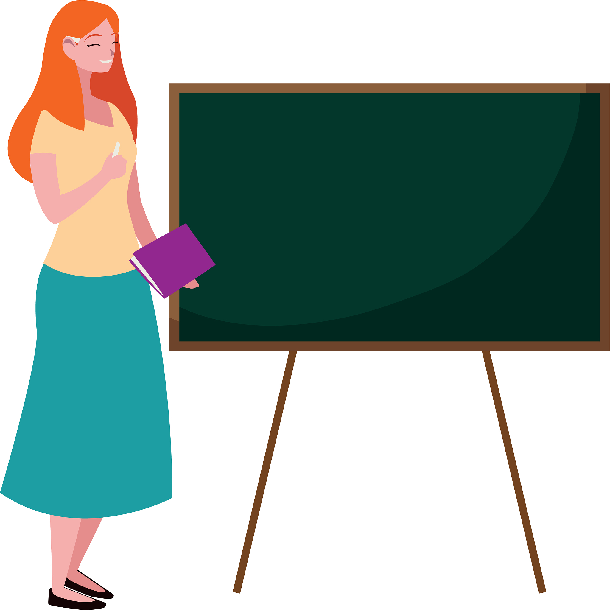 female teacher with textbook and chalkboard