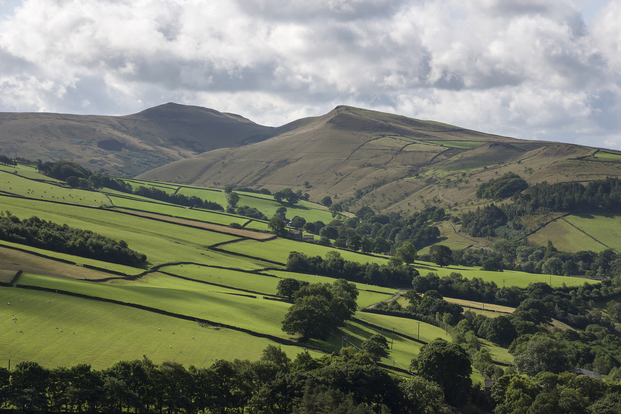 beautiful summer day in the peak district hills, hayfield, derby