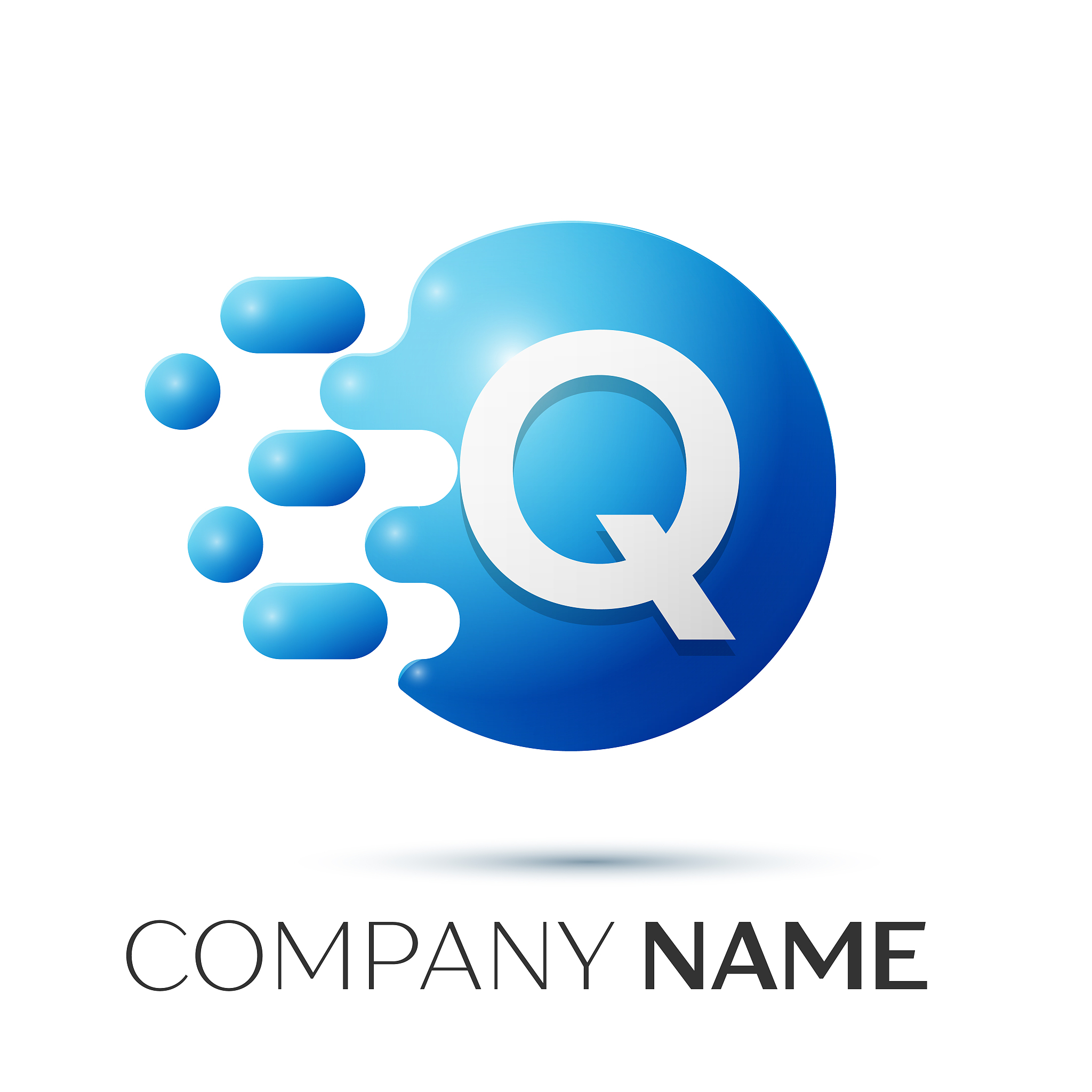 q letter splash logo blue dots and circle bubble
