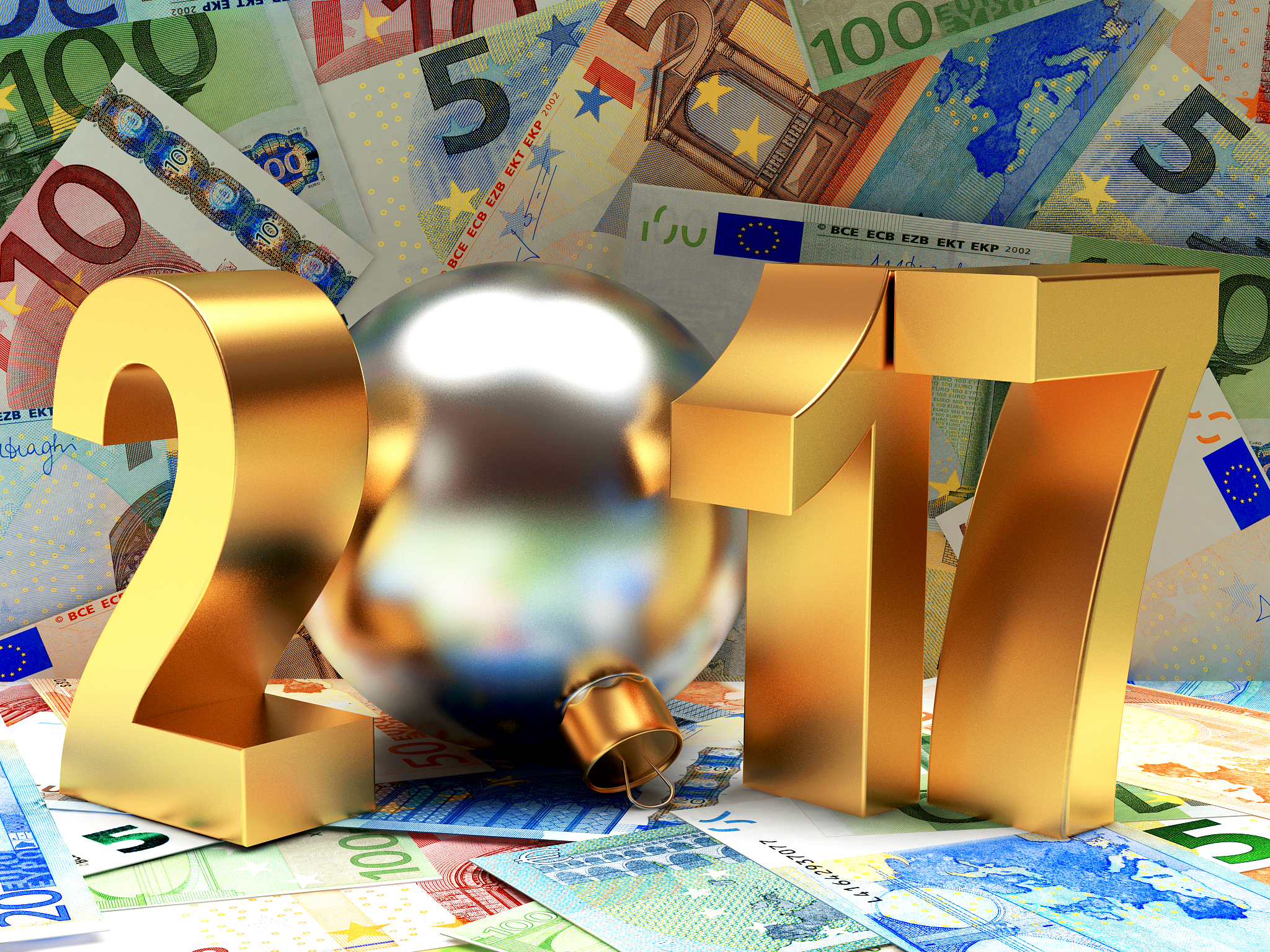 golden 2017 new year on background of euro bills