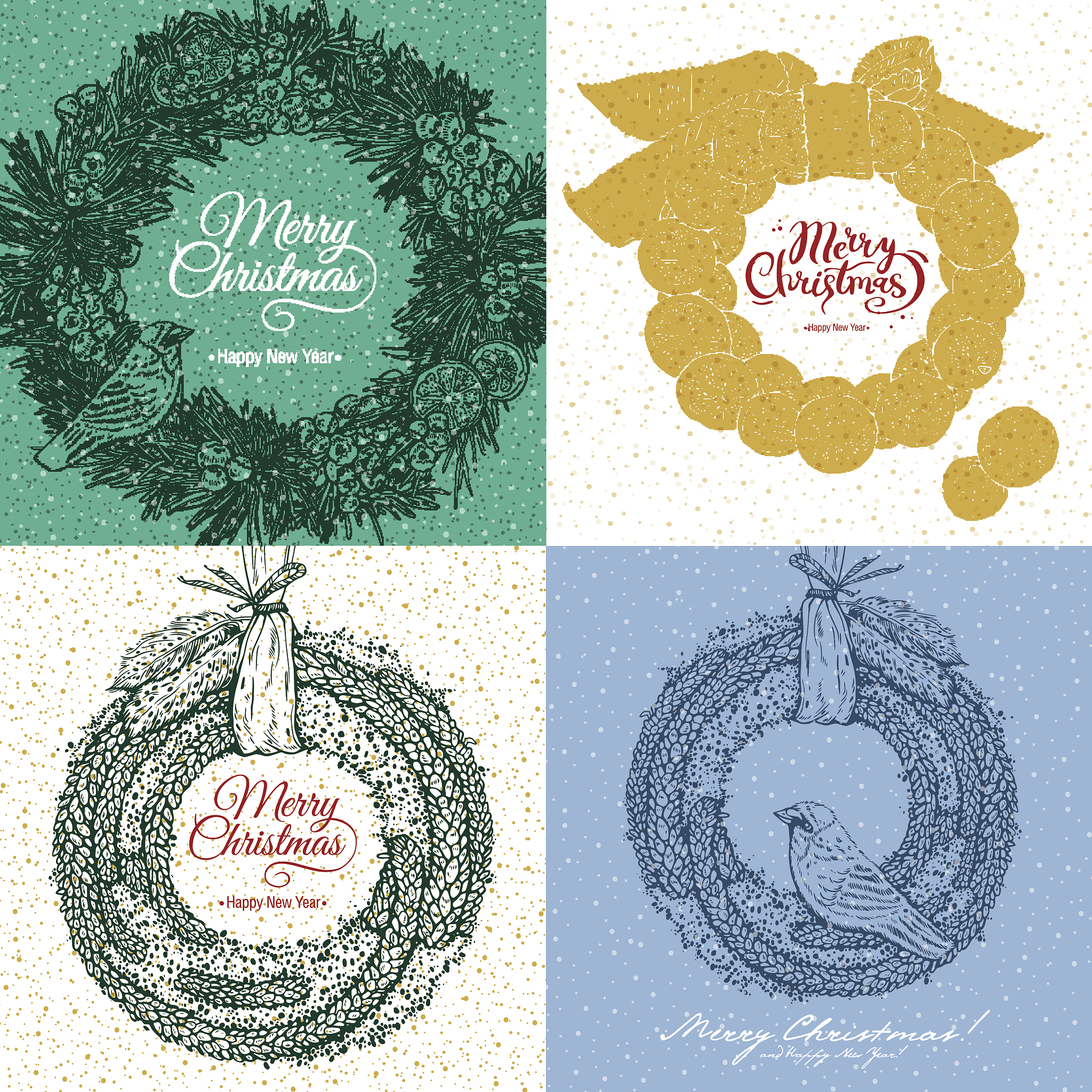 four christmas cards with greeting wreaths calligraphy.