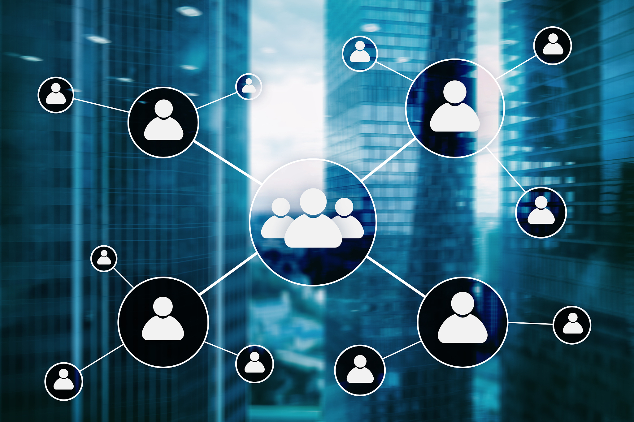 hr - human resources management concept on blurred business cent