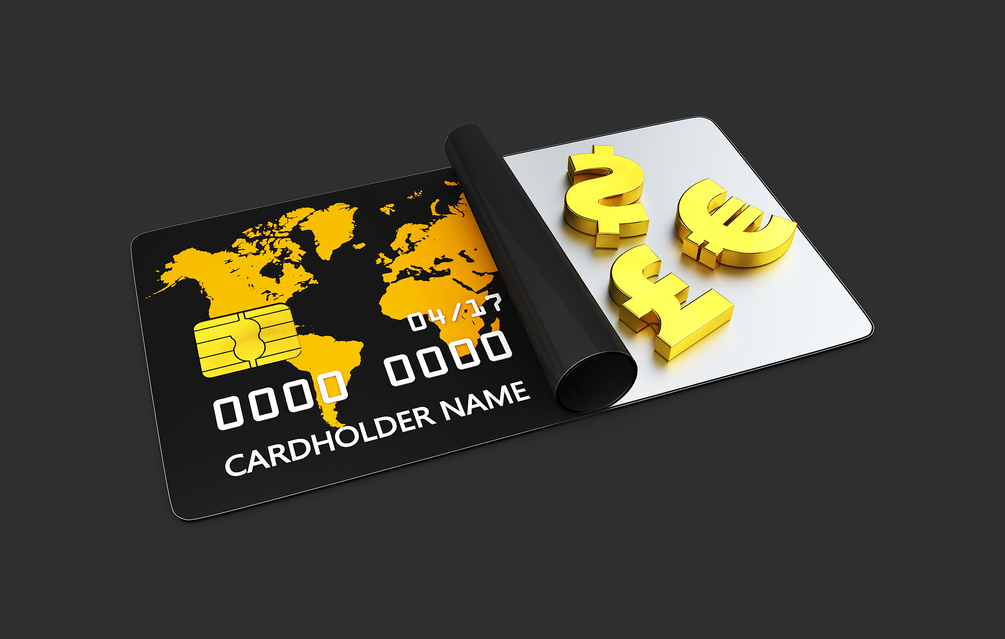 3d illustration of gold of money symbol, bank card isolated blac