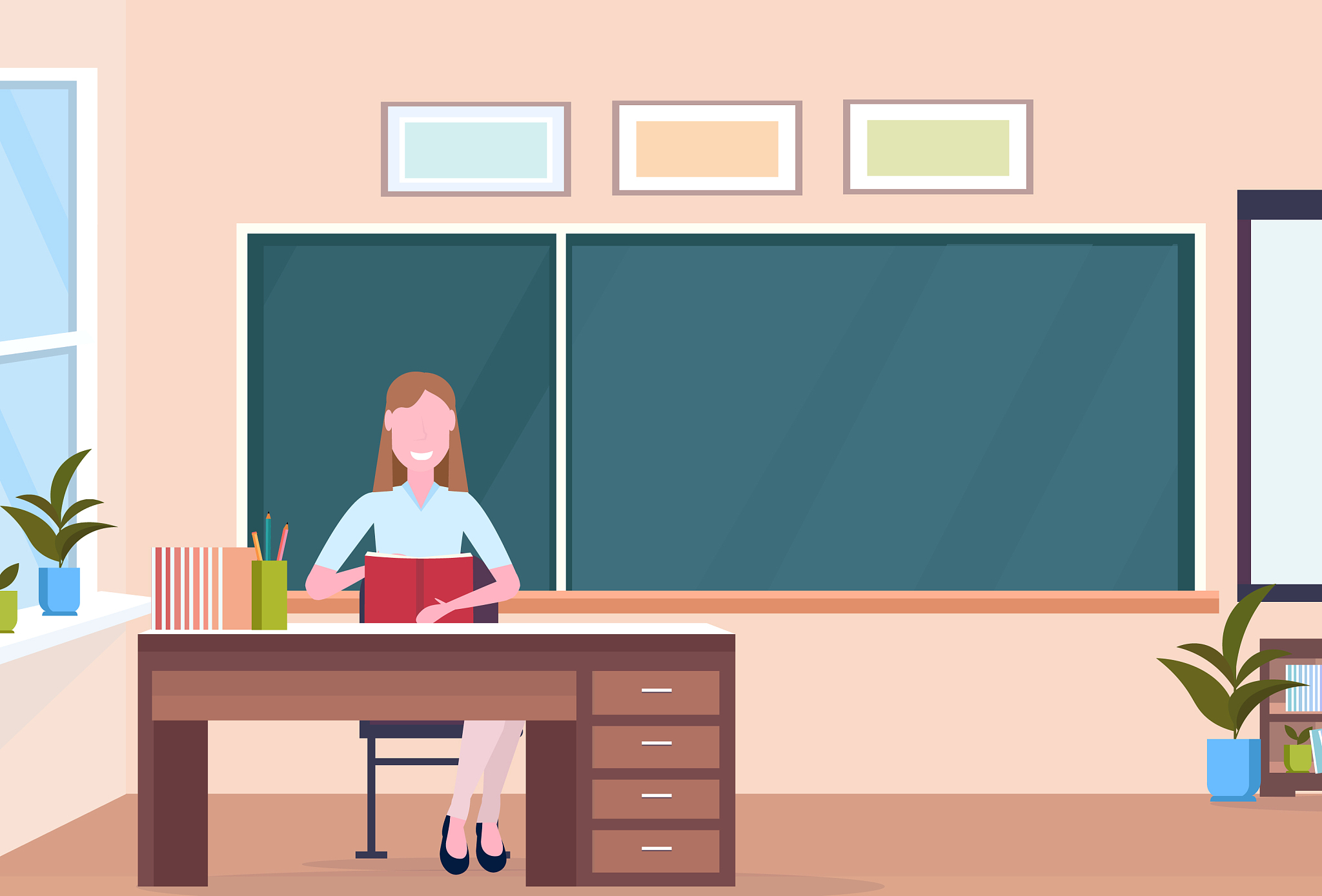 woman teacher sitting at desk reading book