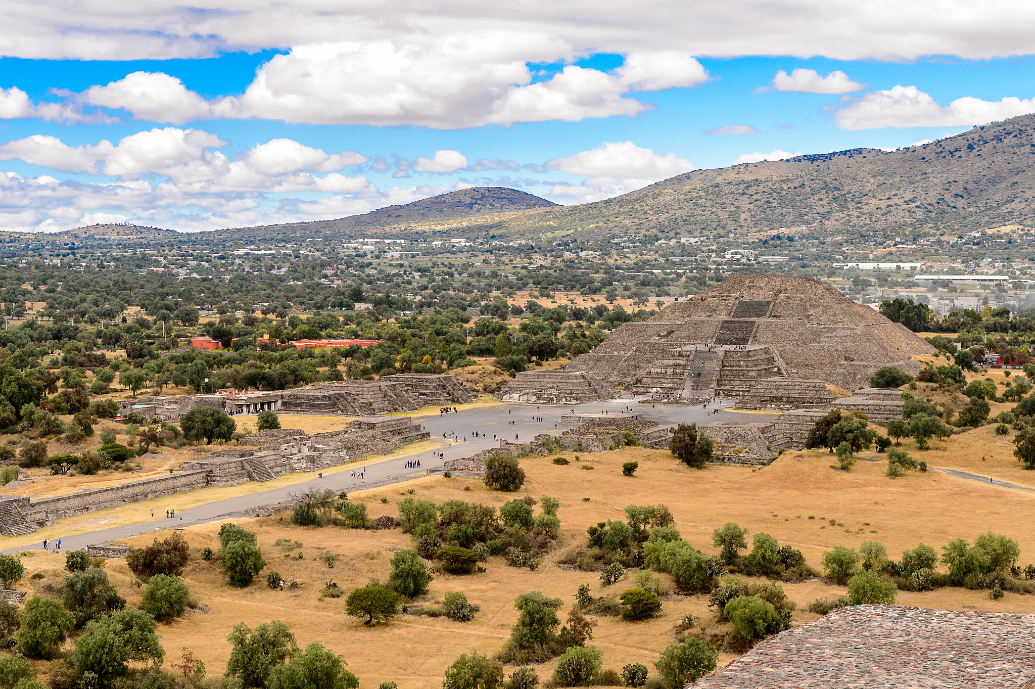 panorama of moon pyramid from the piramide of the sun, teotihuac