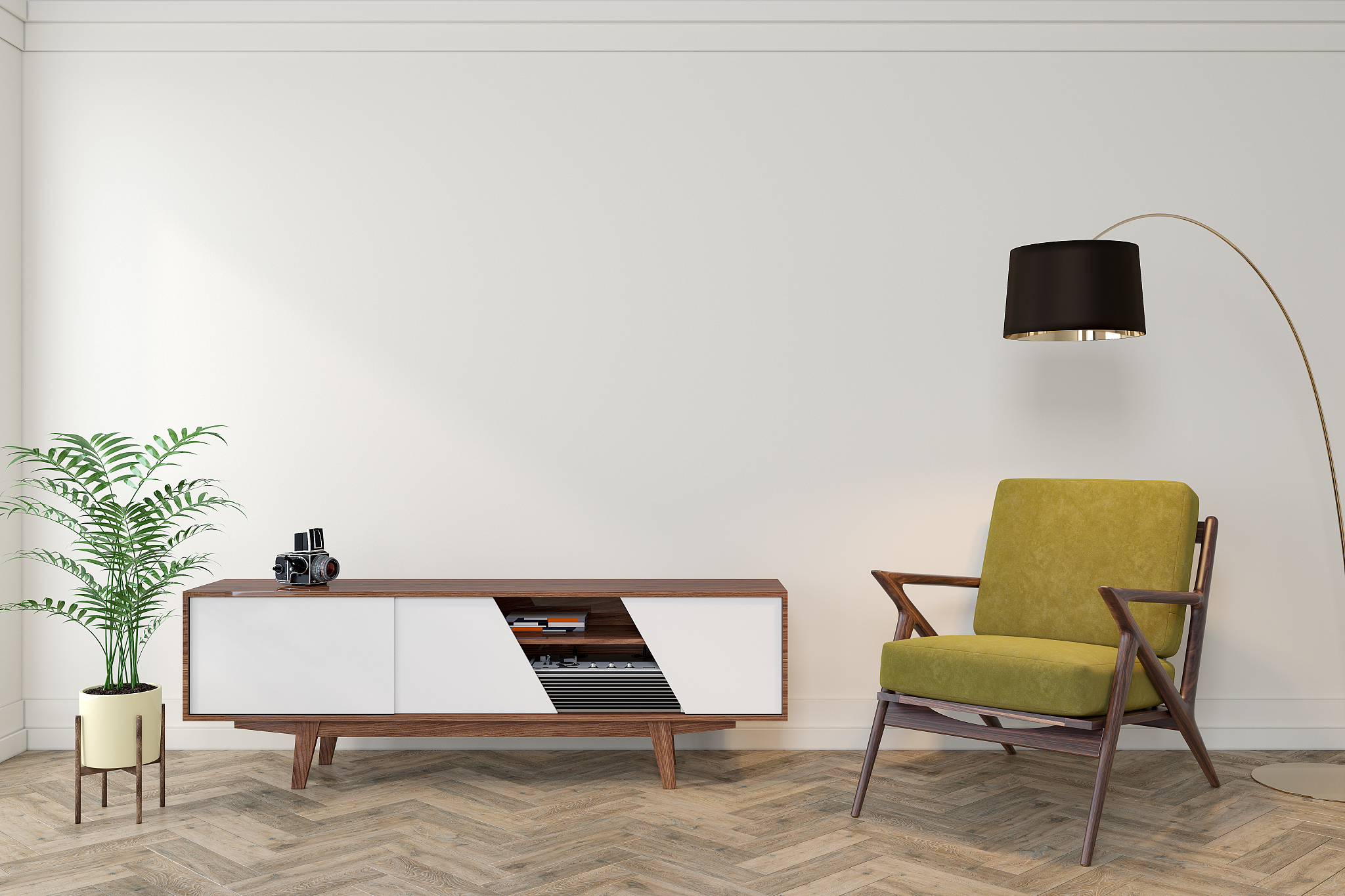 mid century modern interior empty room with white wall, dresser,