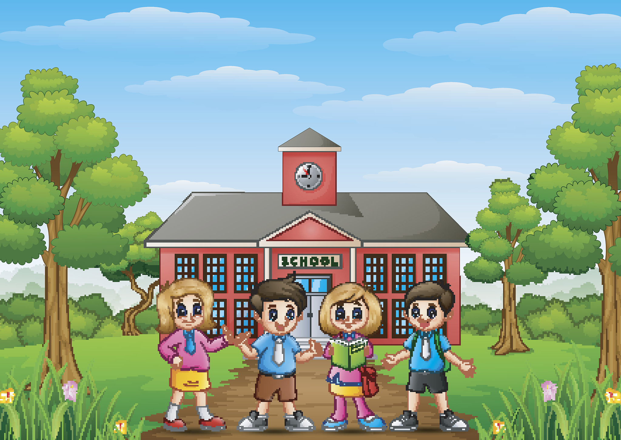 happy school children standing in front of school building