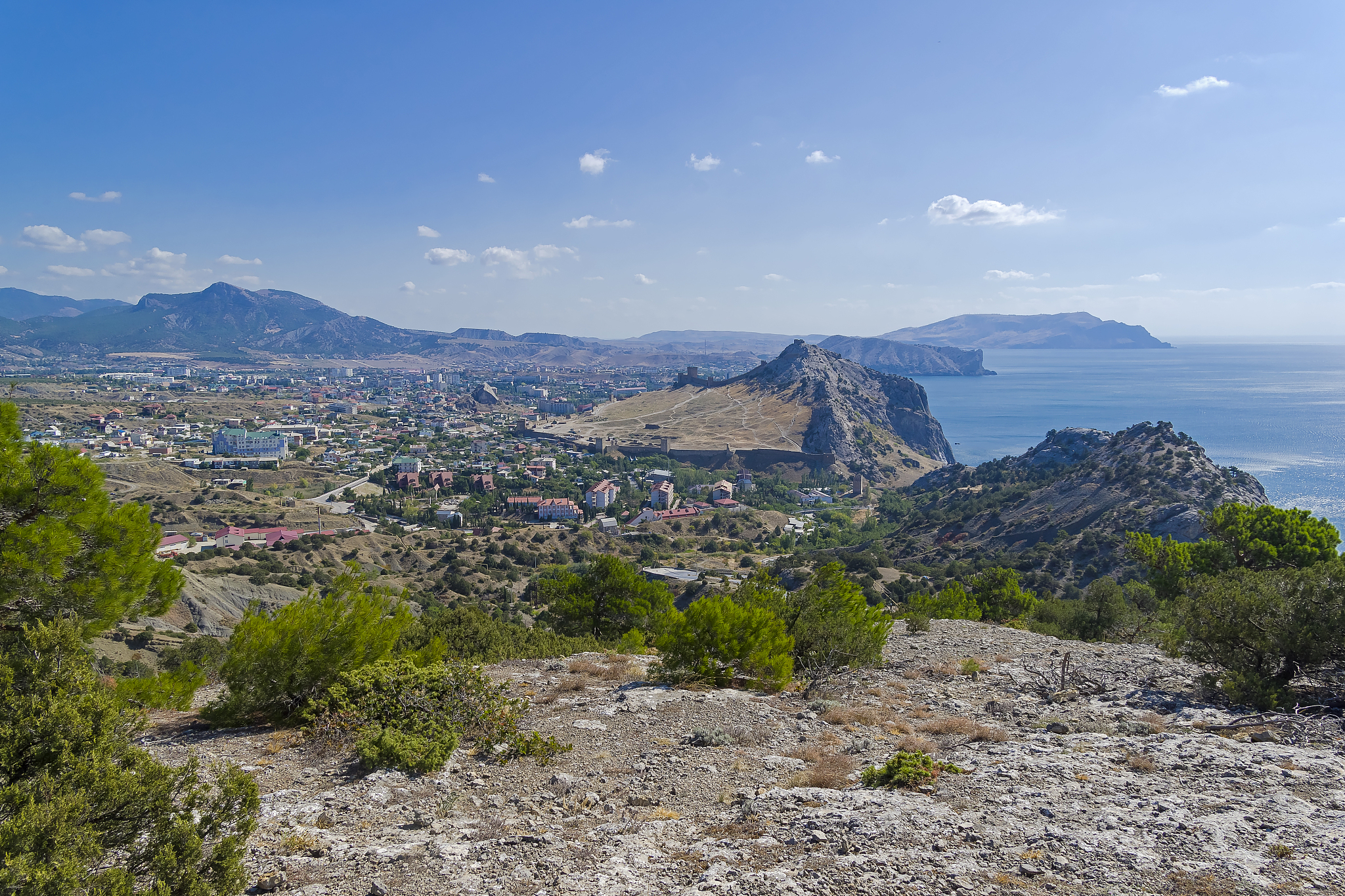 view from the coastal mountains to a small resort town. crimea.