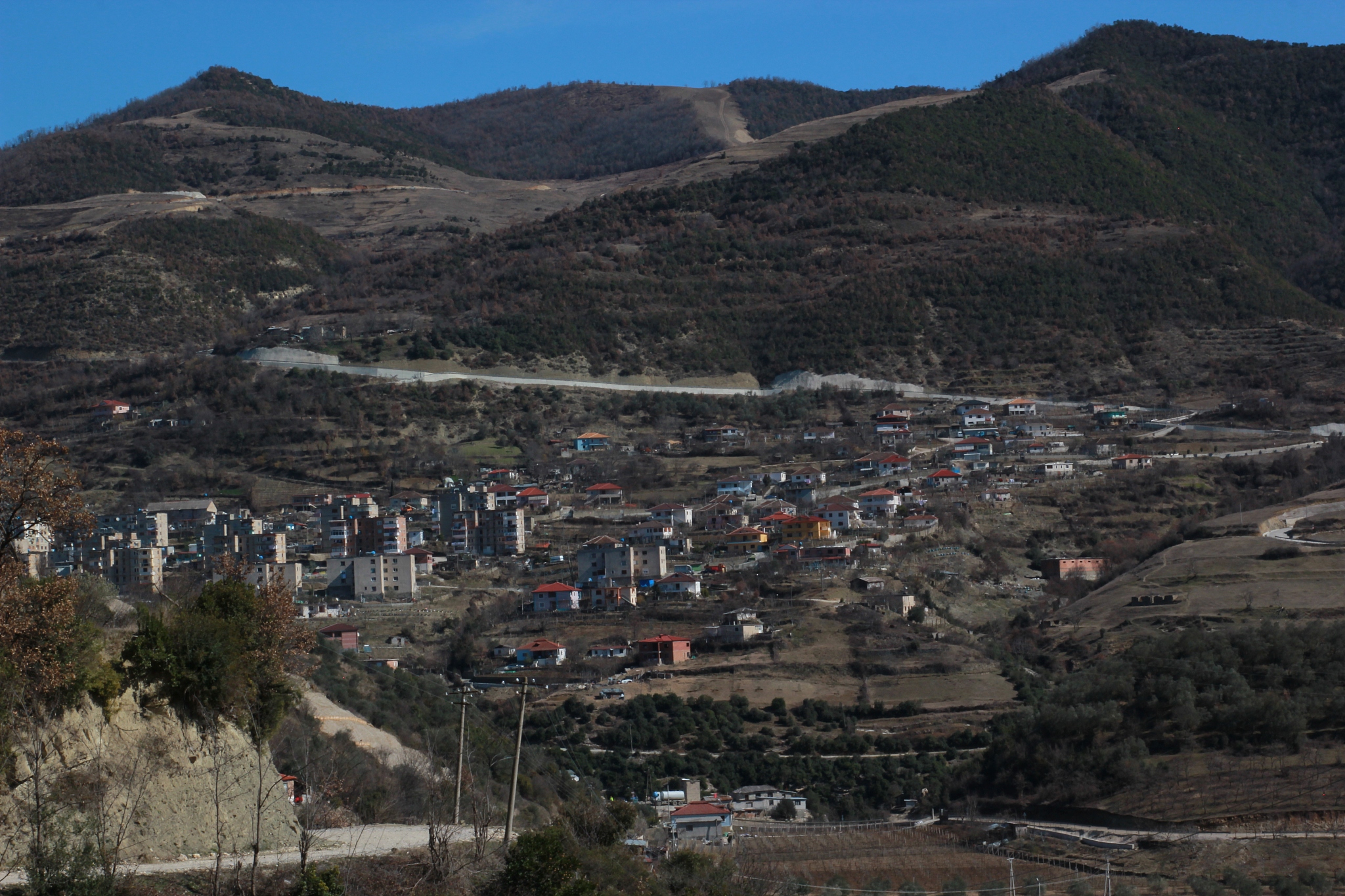 aerial view of city and mountains against sky