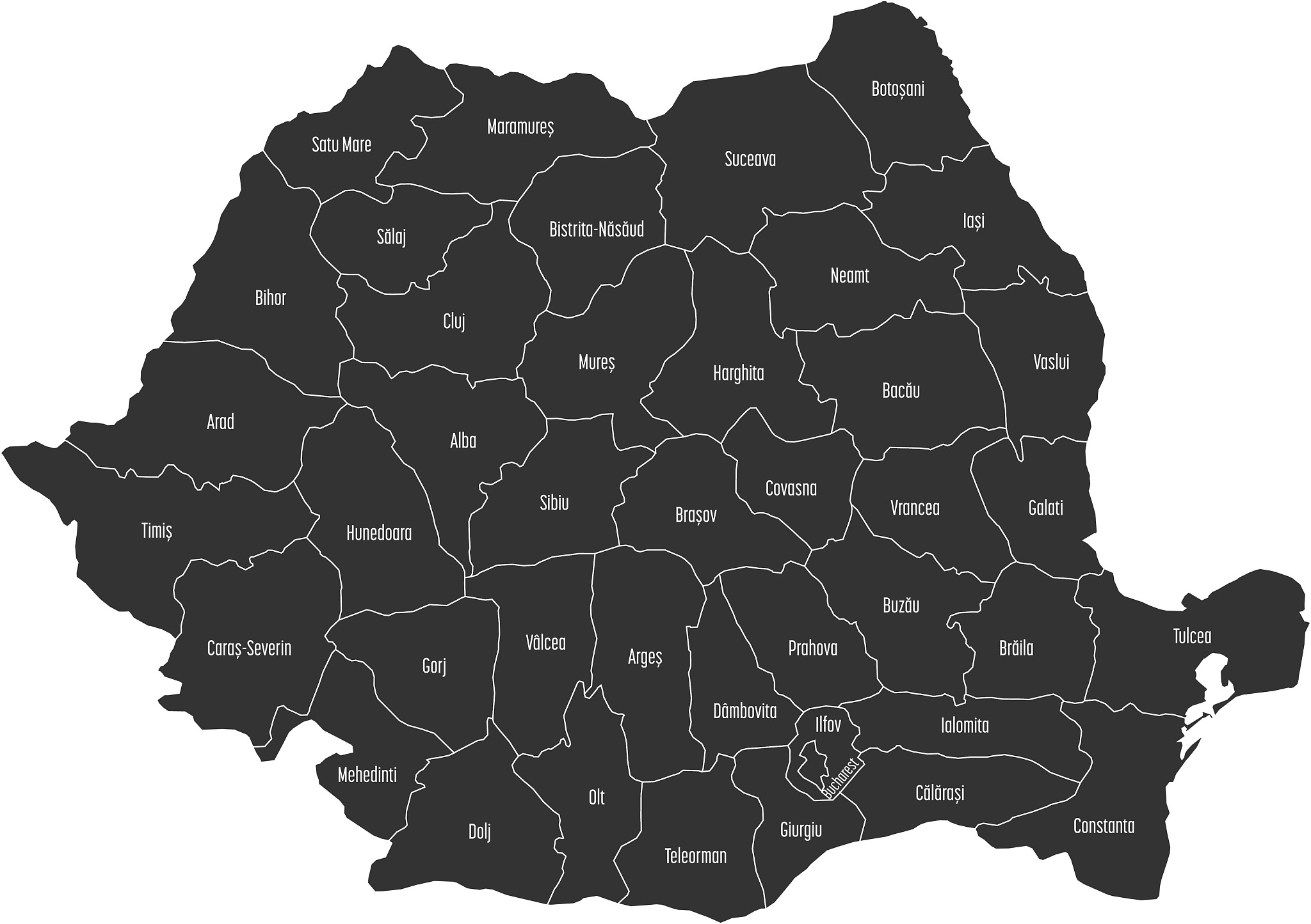 administrative counties of romania. vector map with labels