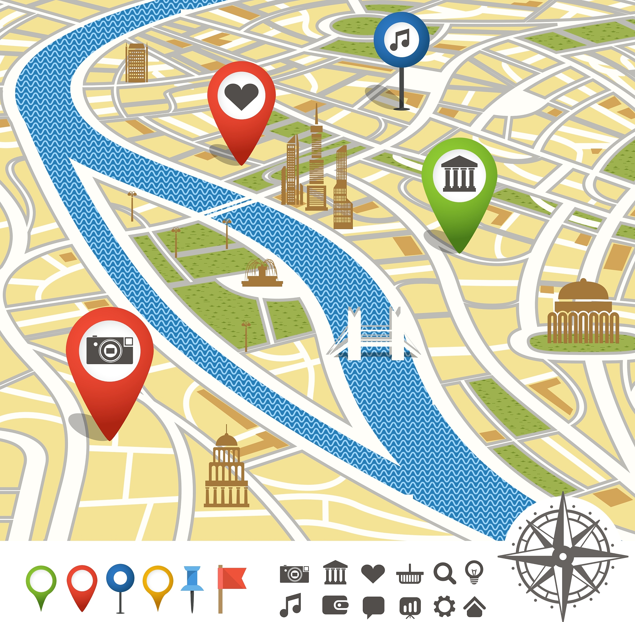 abstract city map with places of interest