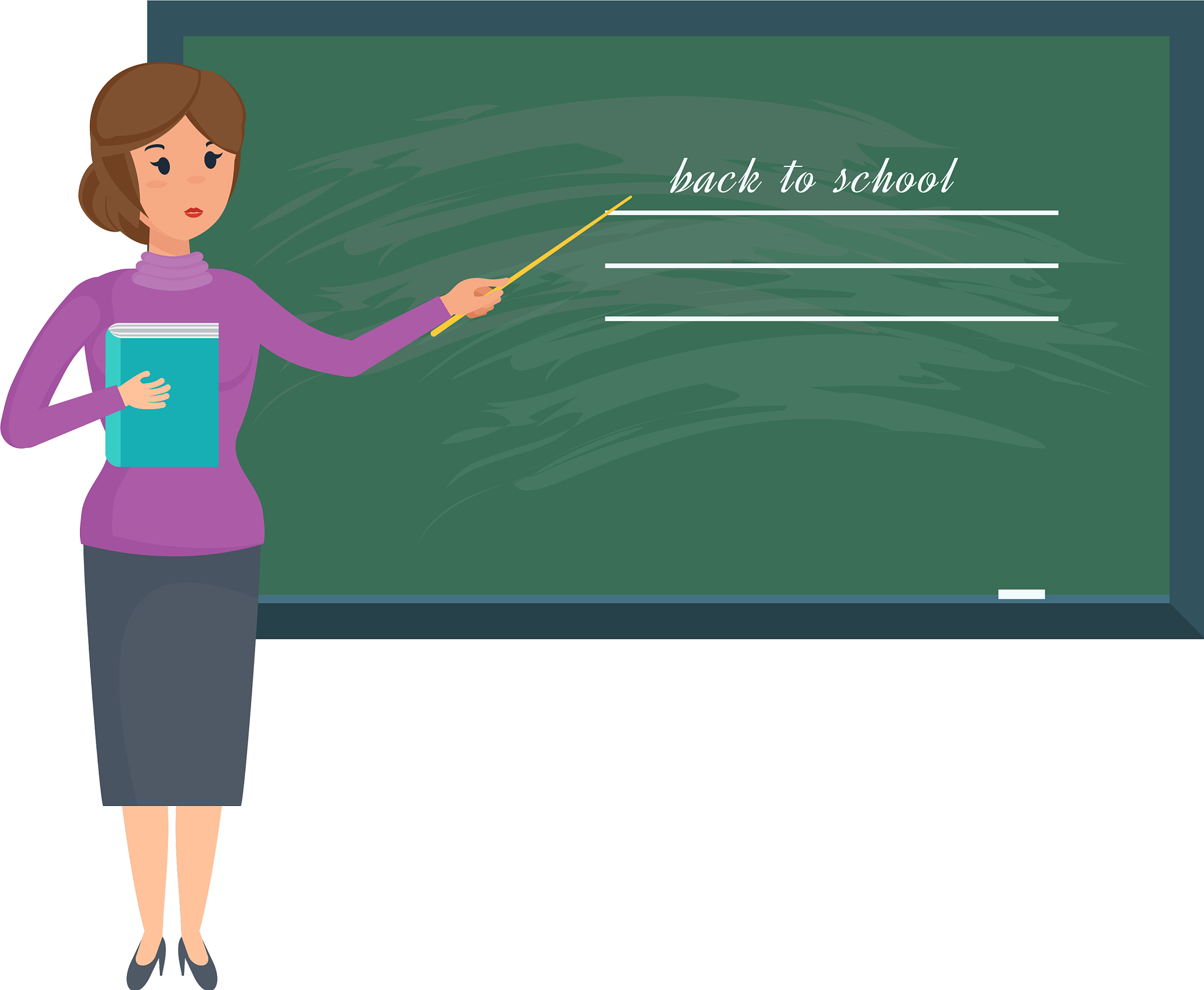 girl teacher with school journal in hand stands