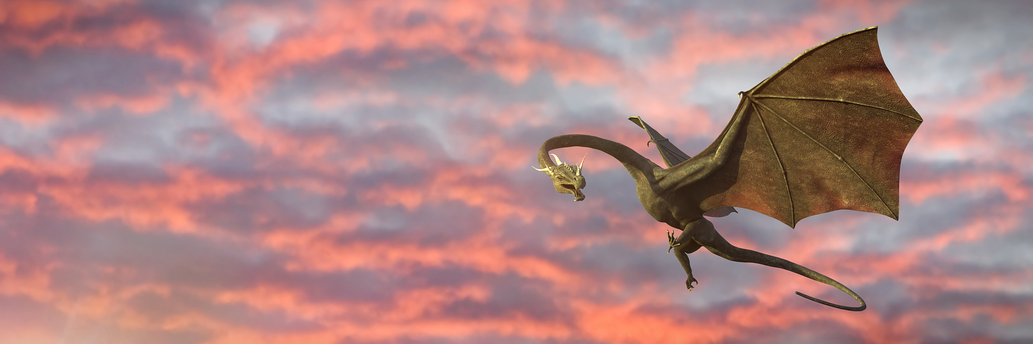 dragon, magical creature flying in front of the sunrise