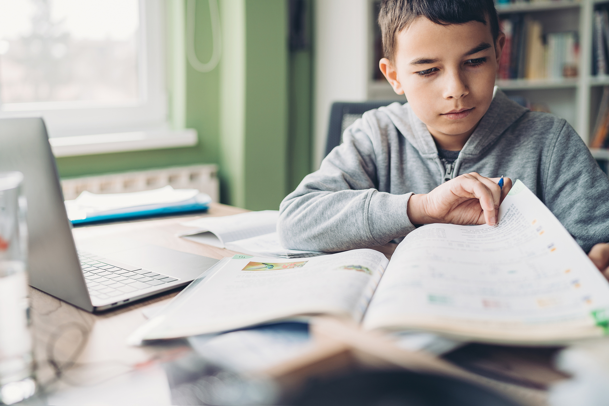 boy reading from a textbook at home