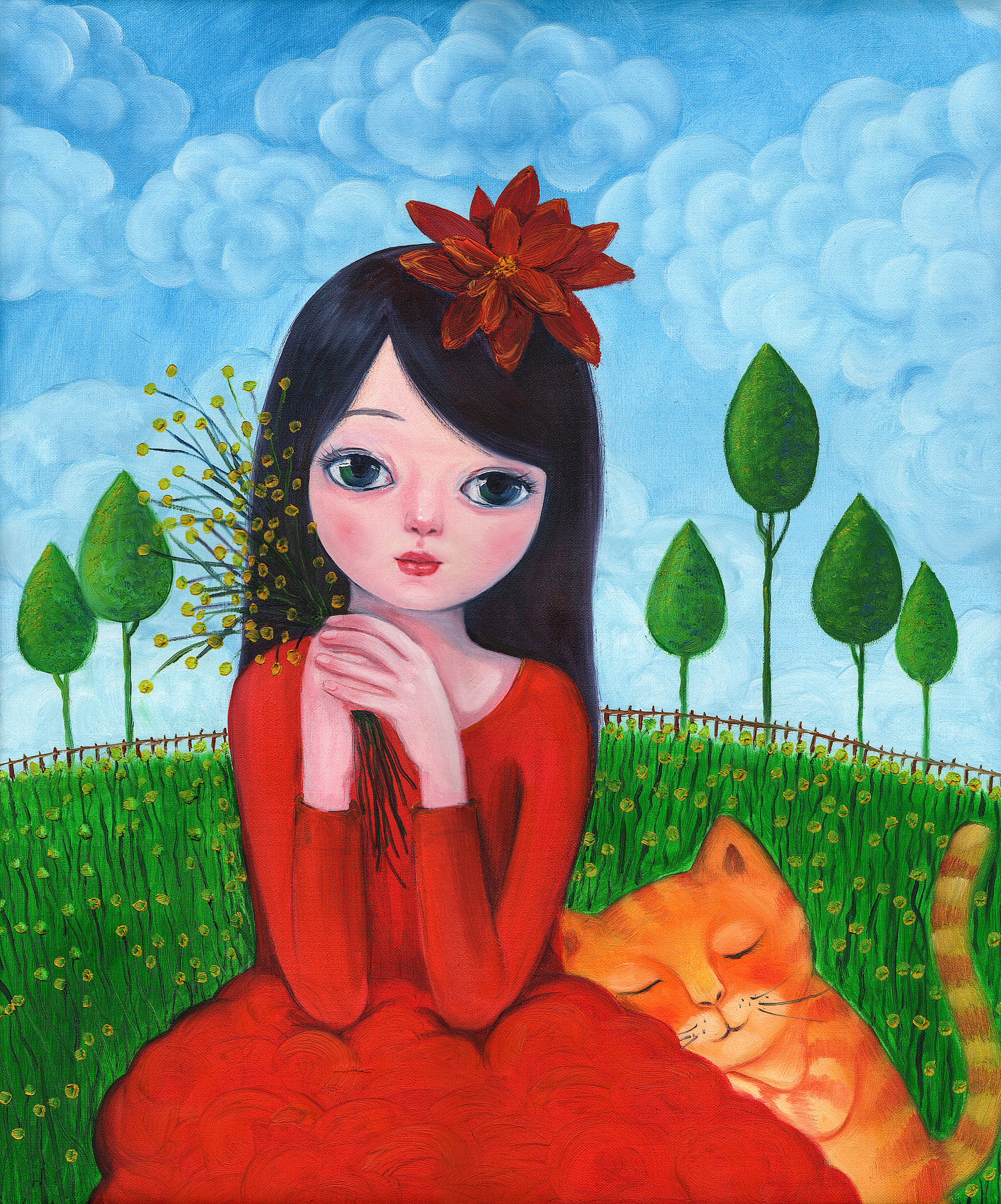 油画,女孩,猫,黄色,<strong>人物</strong>插画,可爱的,清新,纺织品,公主,女人