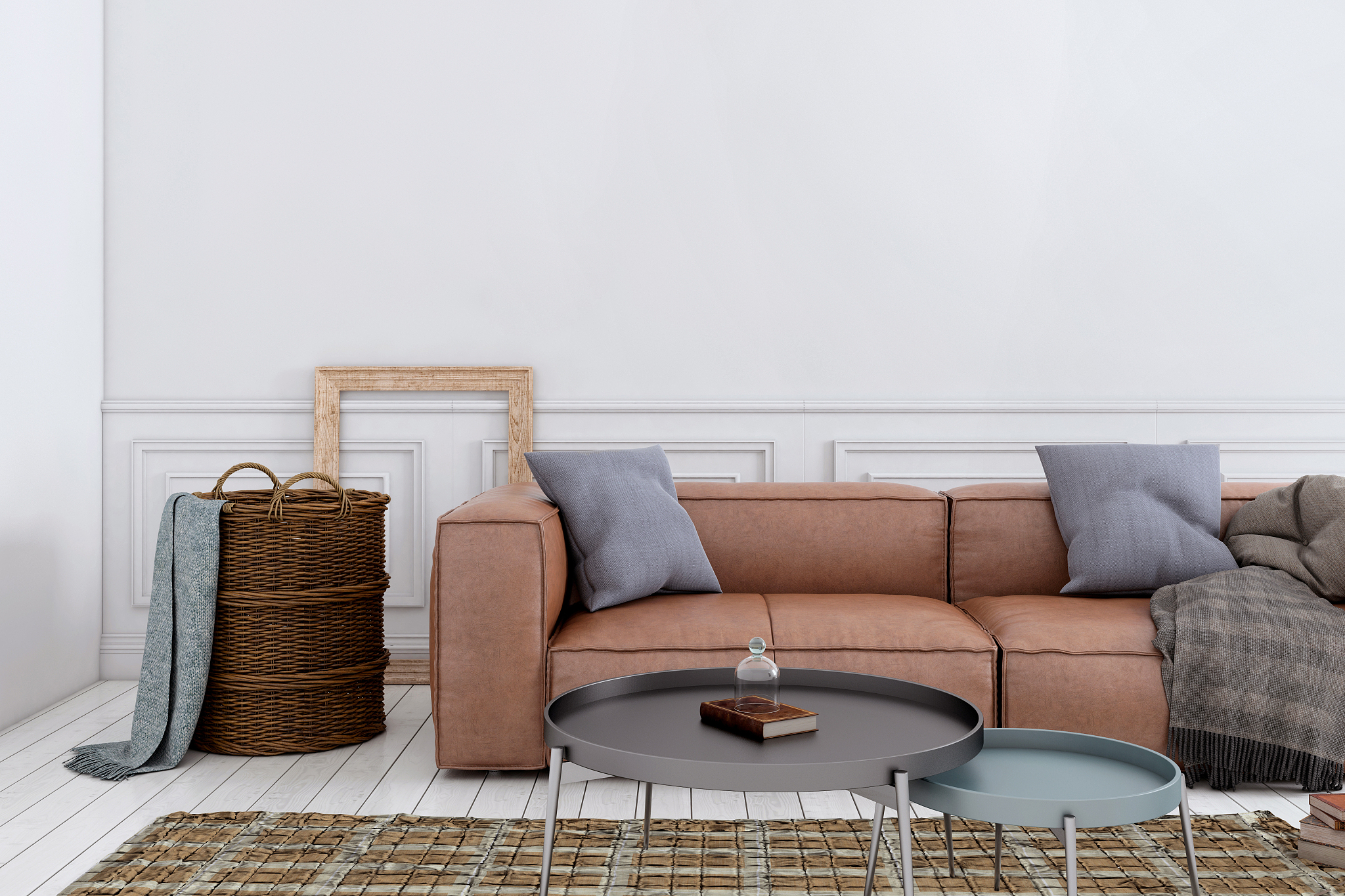 modern nordic living room interior with sofa and lots of details