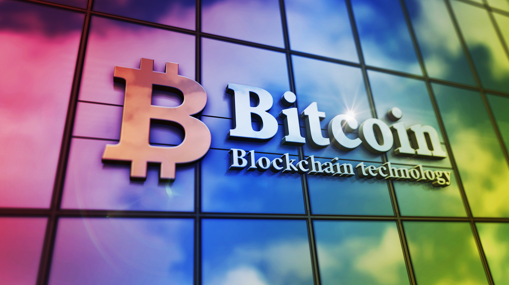 bitcoin blockchain technology glass mirrored building