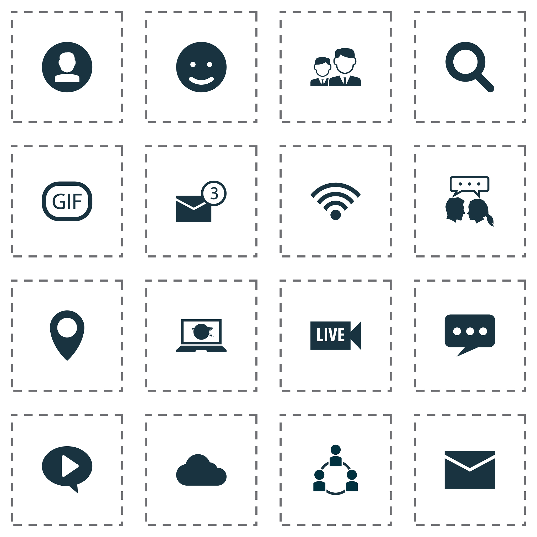 internet icons set with friends search cloud and