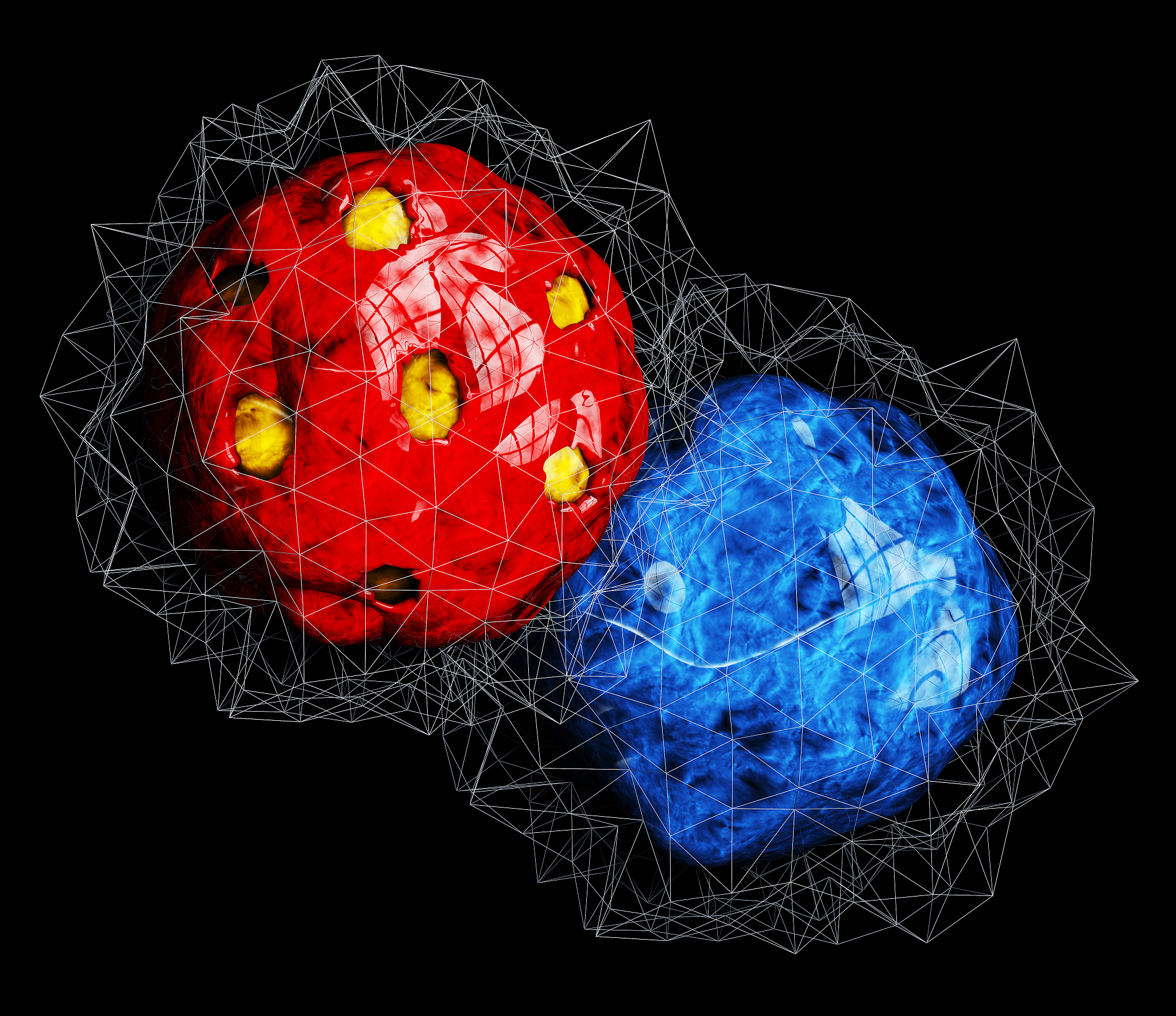 encapsulated red and blue bacteria cells, on black background, 3