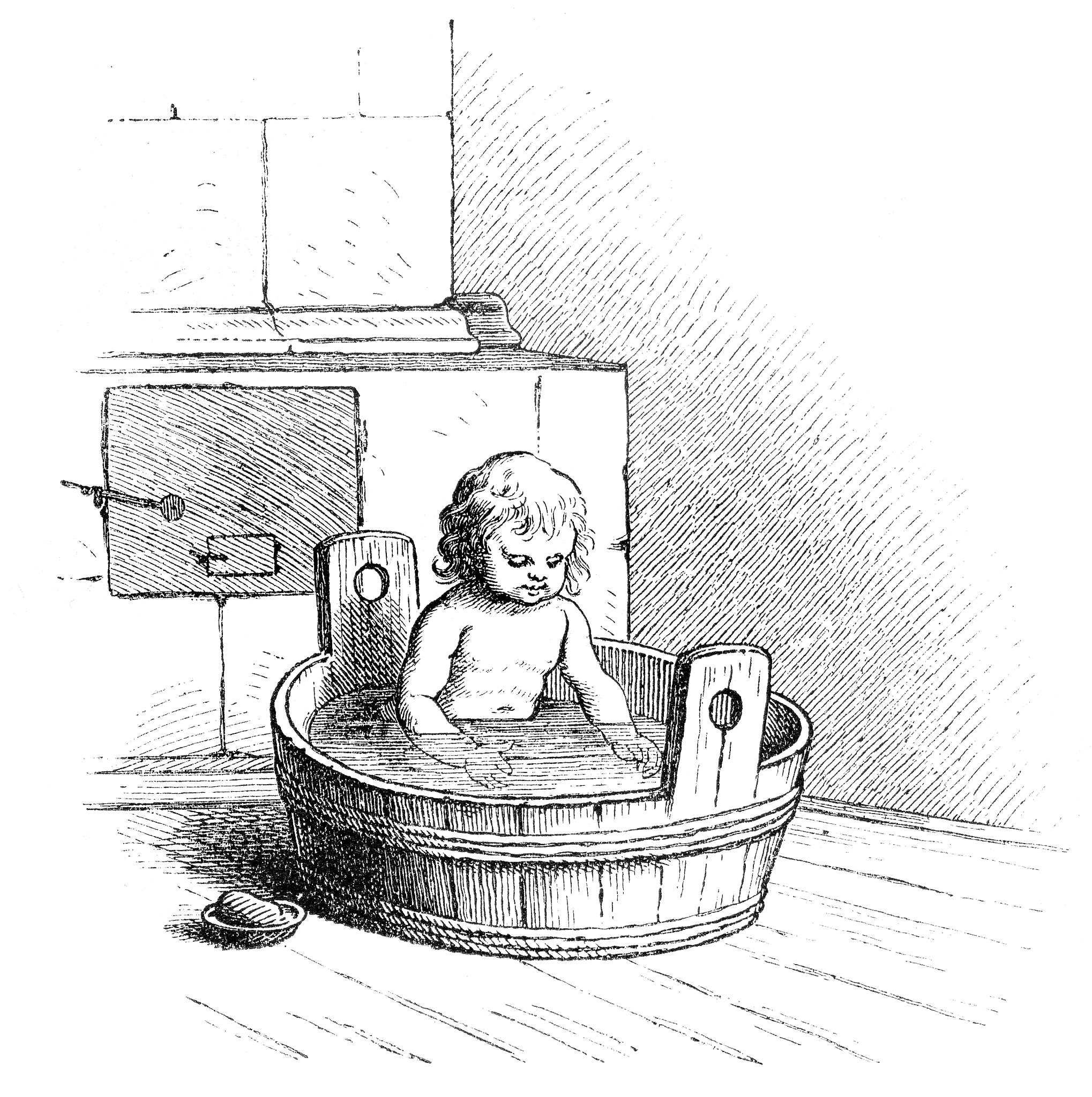 baby in wooden bathtube illustration 1864