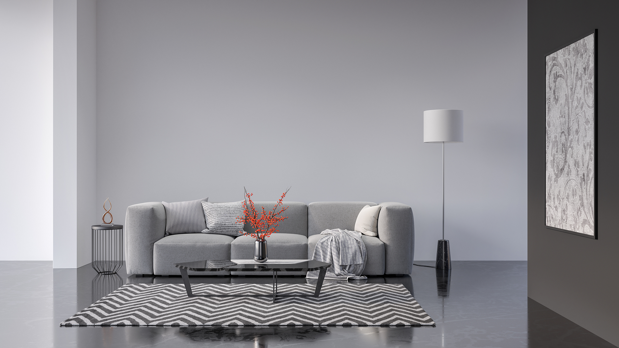 modern living room, interior design with green plants 3d render