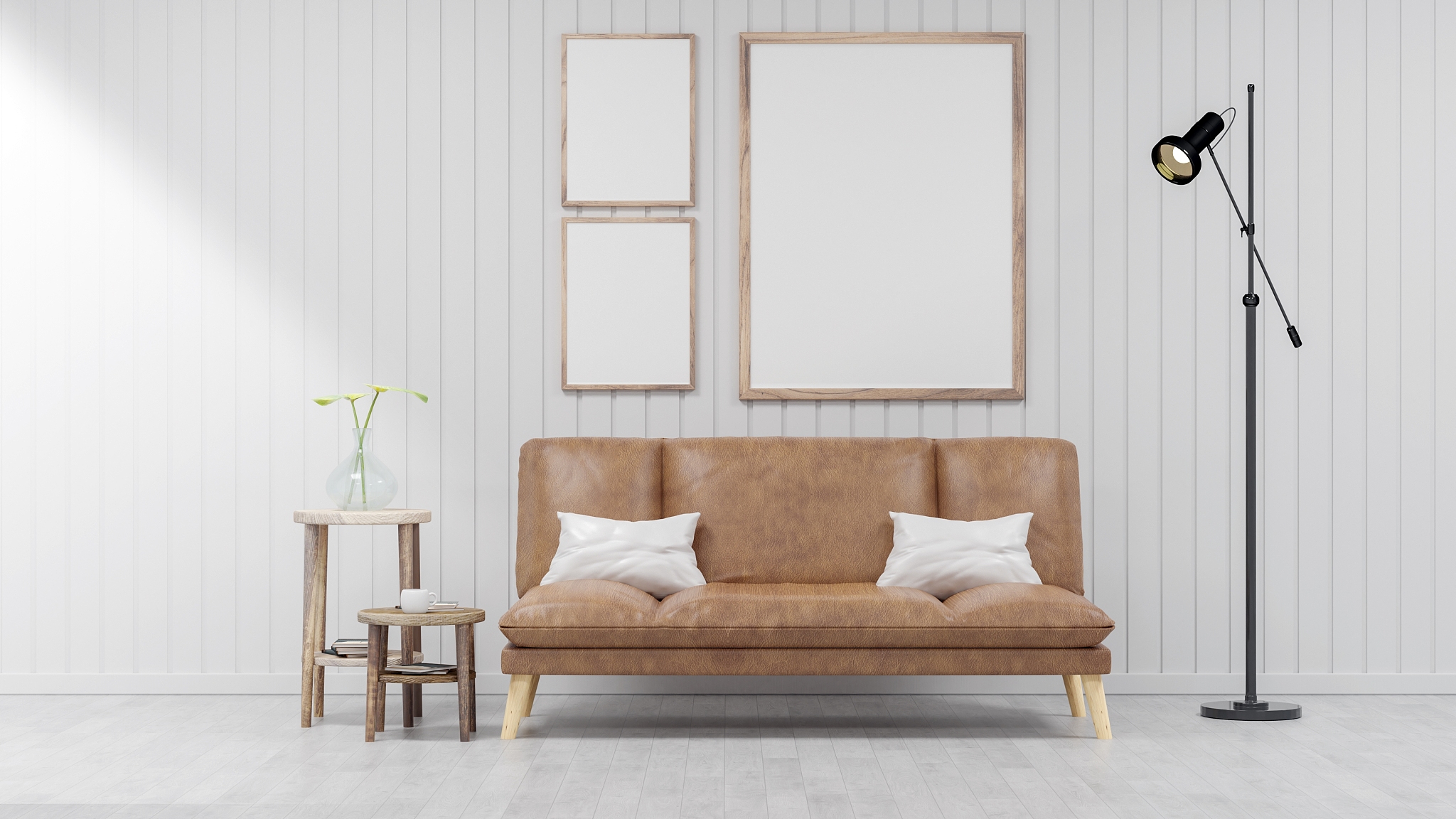 living room with leather sofa have pillows, blank poster on whit
