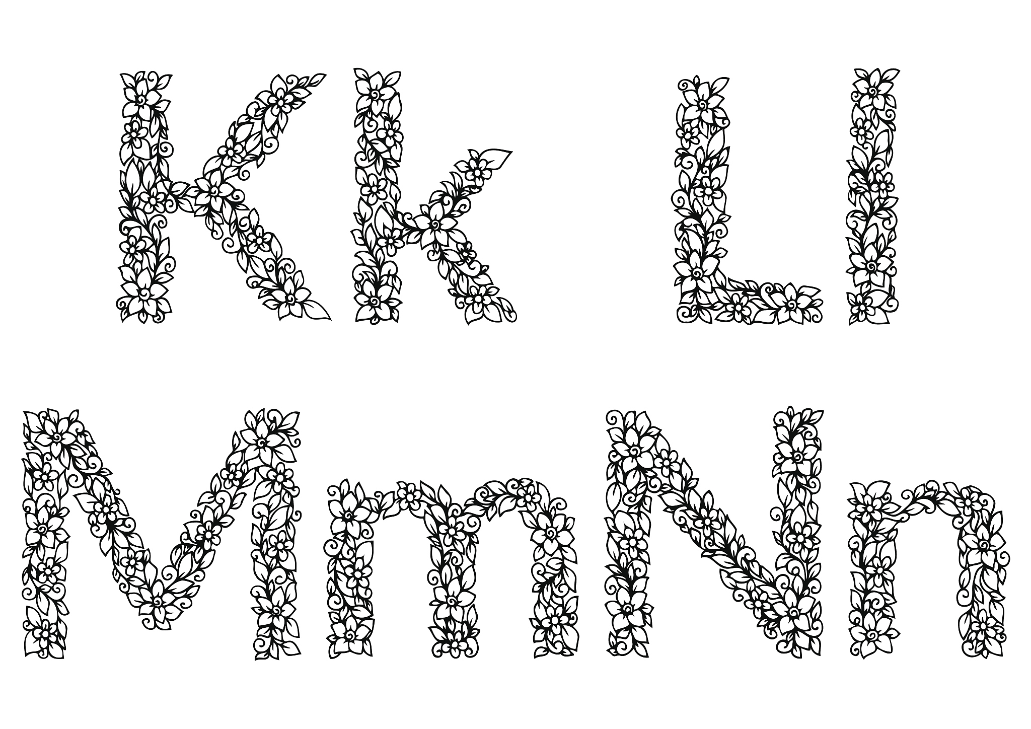 vector illustration , flower letters k, l, m, n, r alphabet