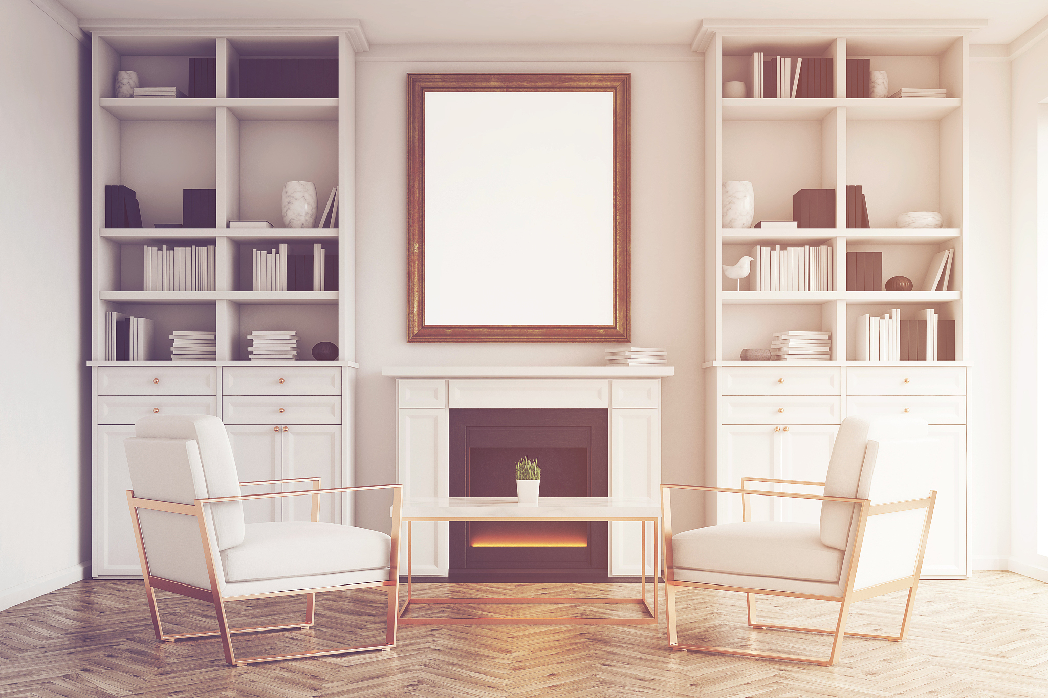 white walls living room, two armchairs, toned