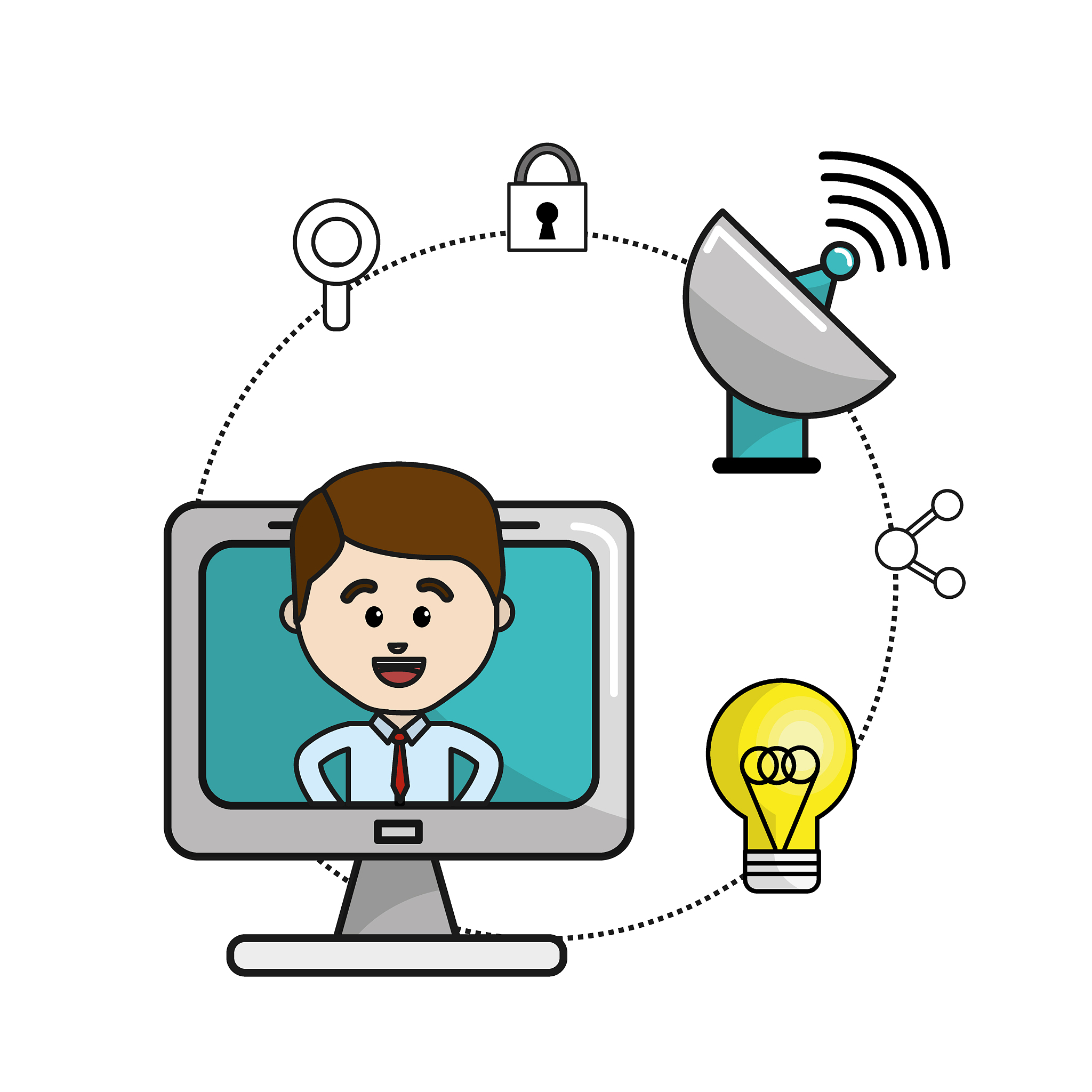 man inside of computer and technology wifi icons