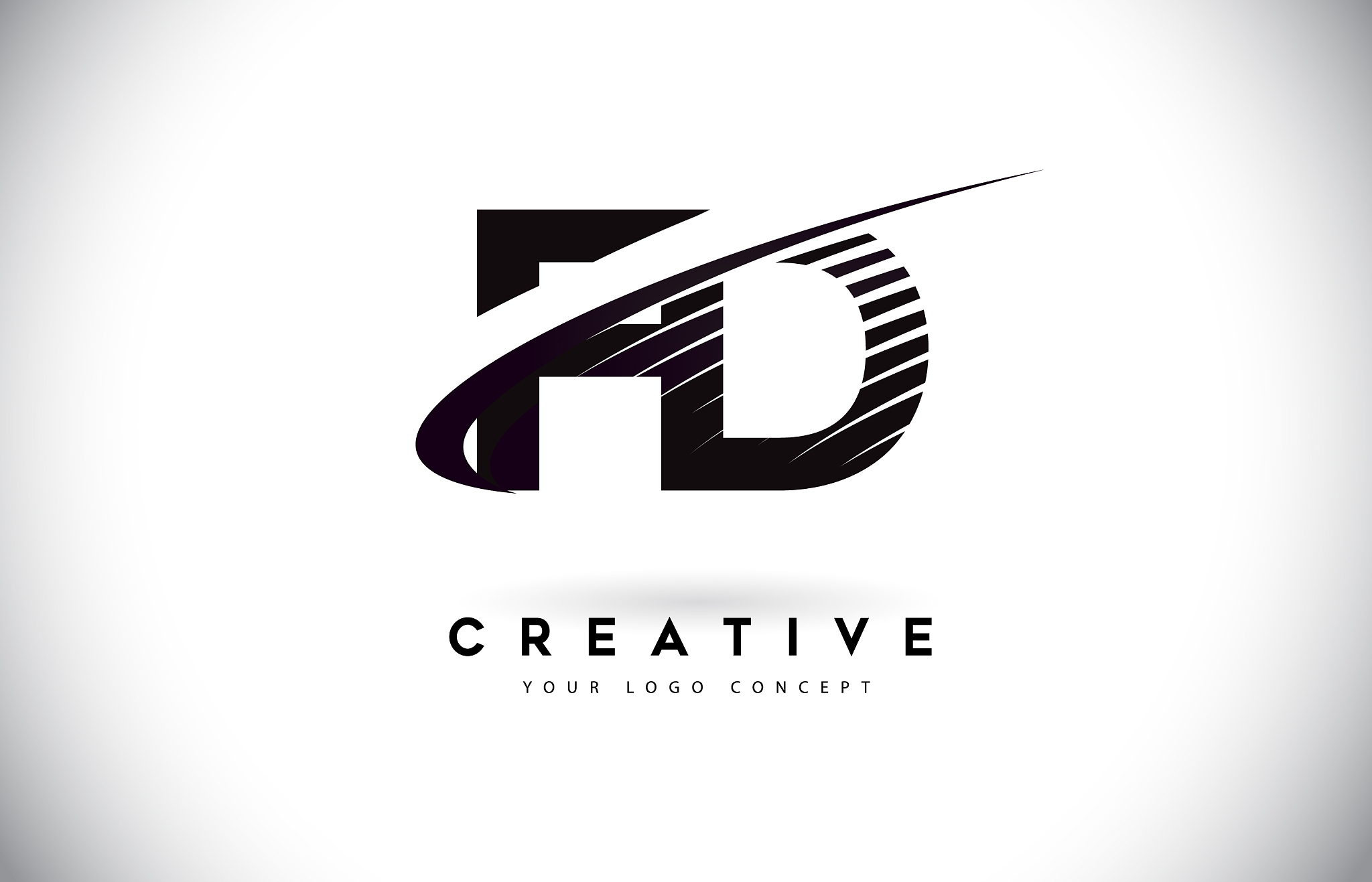 fd f d letter logo design with swoosh and black