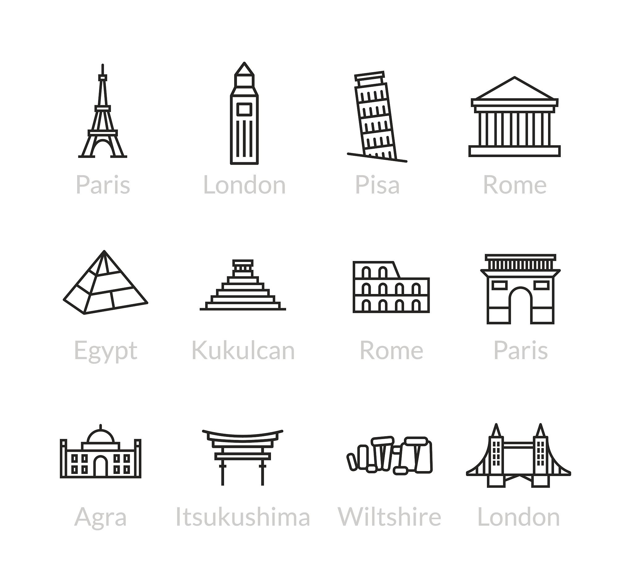 world landmarks outline icons set