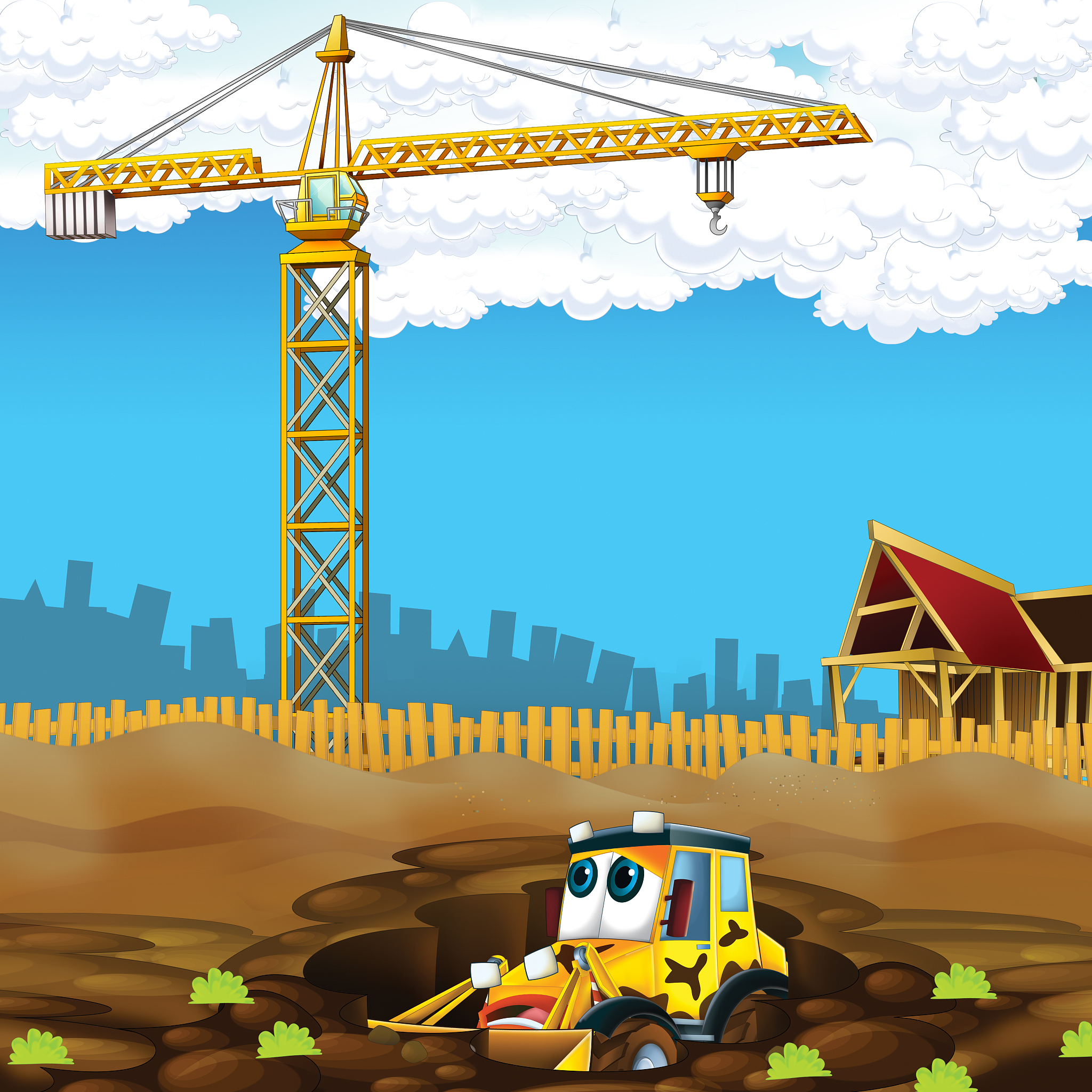cartoon scene with digger on construction site