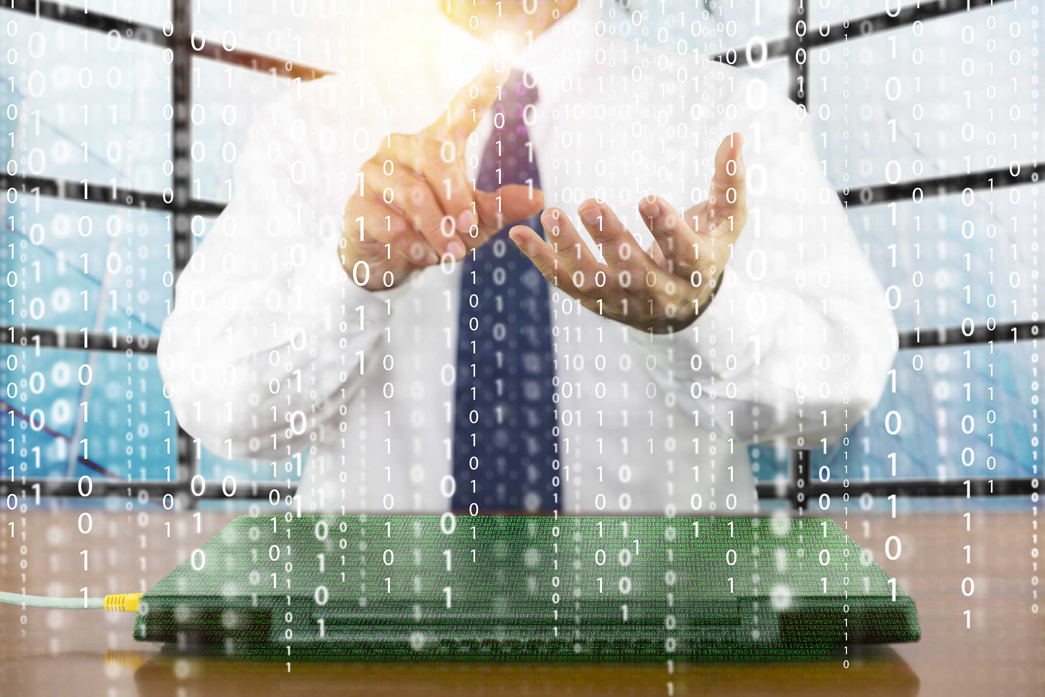 businessman hand choose white binary code on digital screen back