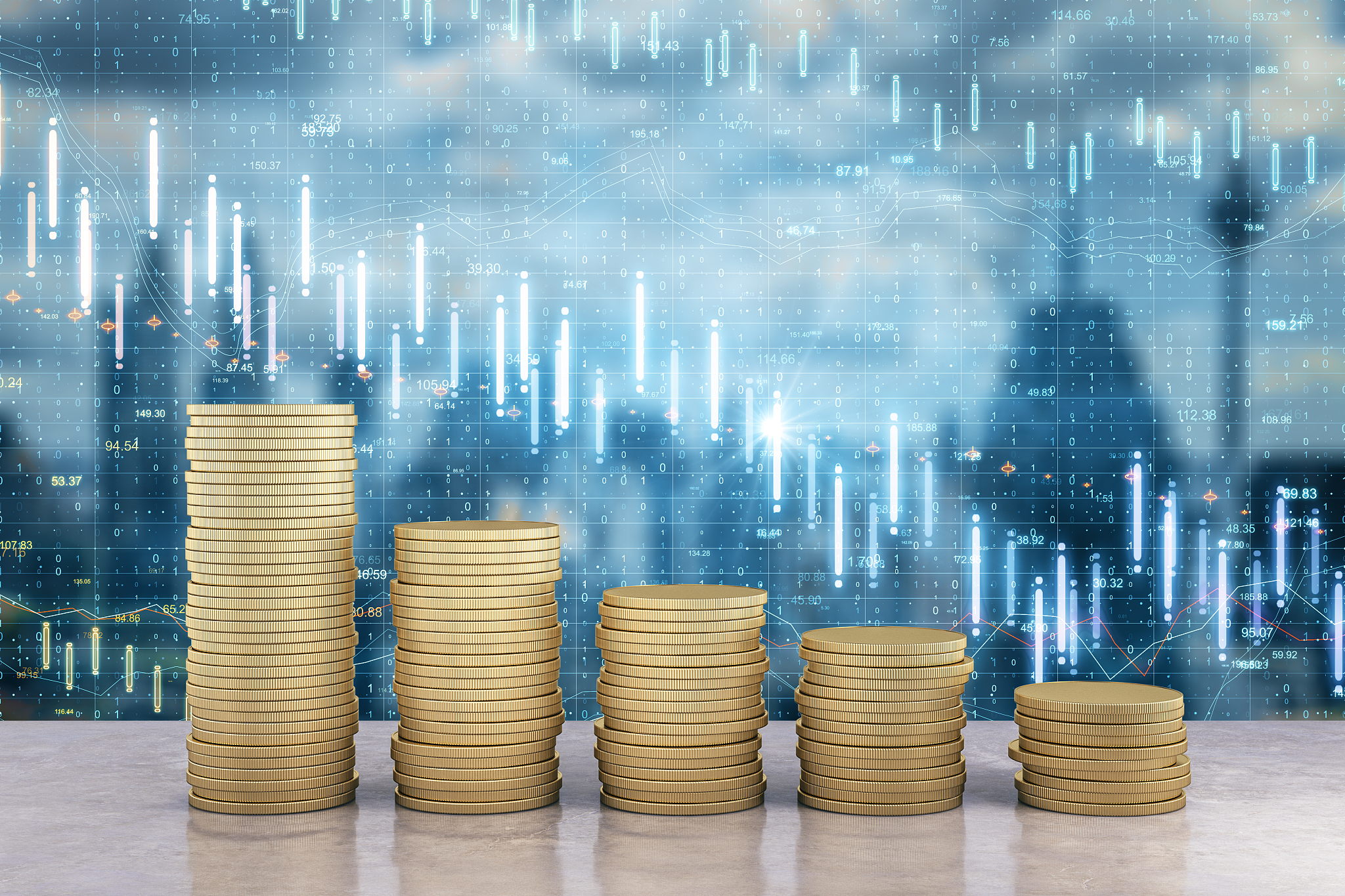gold coin piles with digital economic crisis stock charts