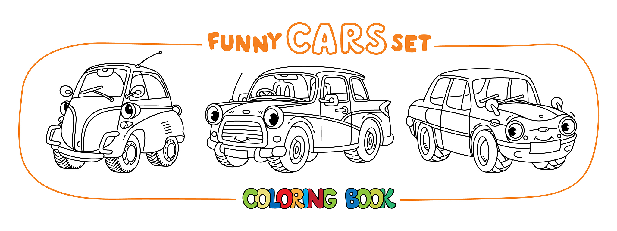 funny small retro cars with eyes coloring book set