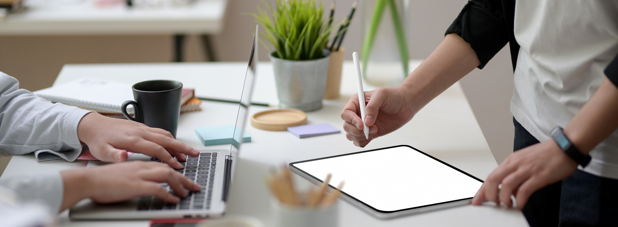 cropped shot of of two businesswoman working together on white t