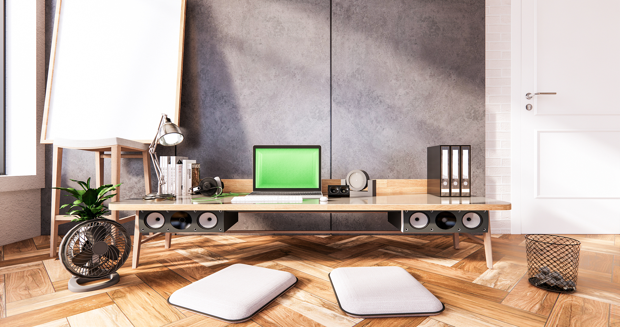 the interior computer and office tools on mini desk in room conc