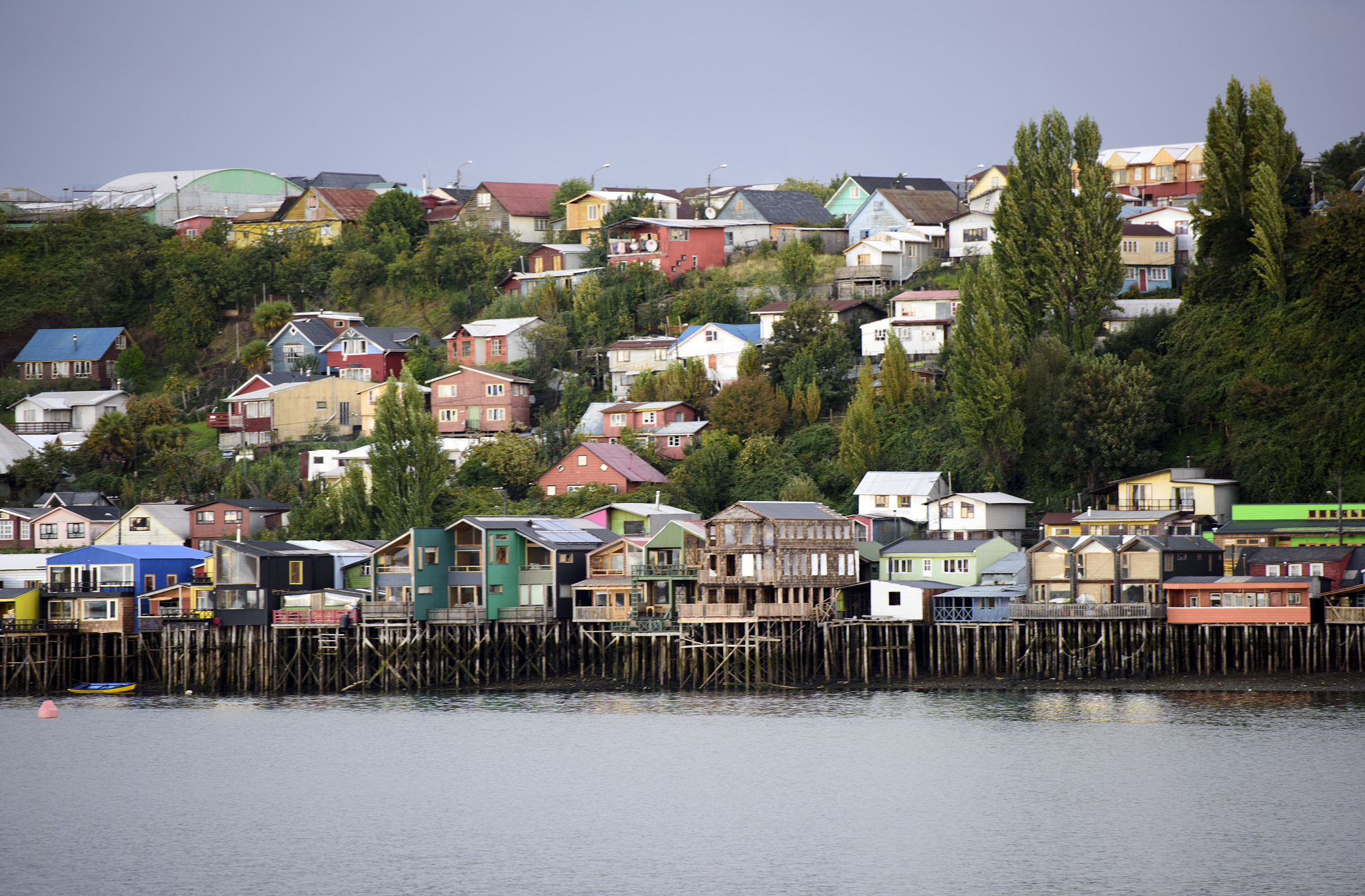 colourful palafitos in castro, chiloé island, chile