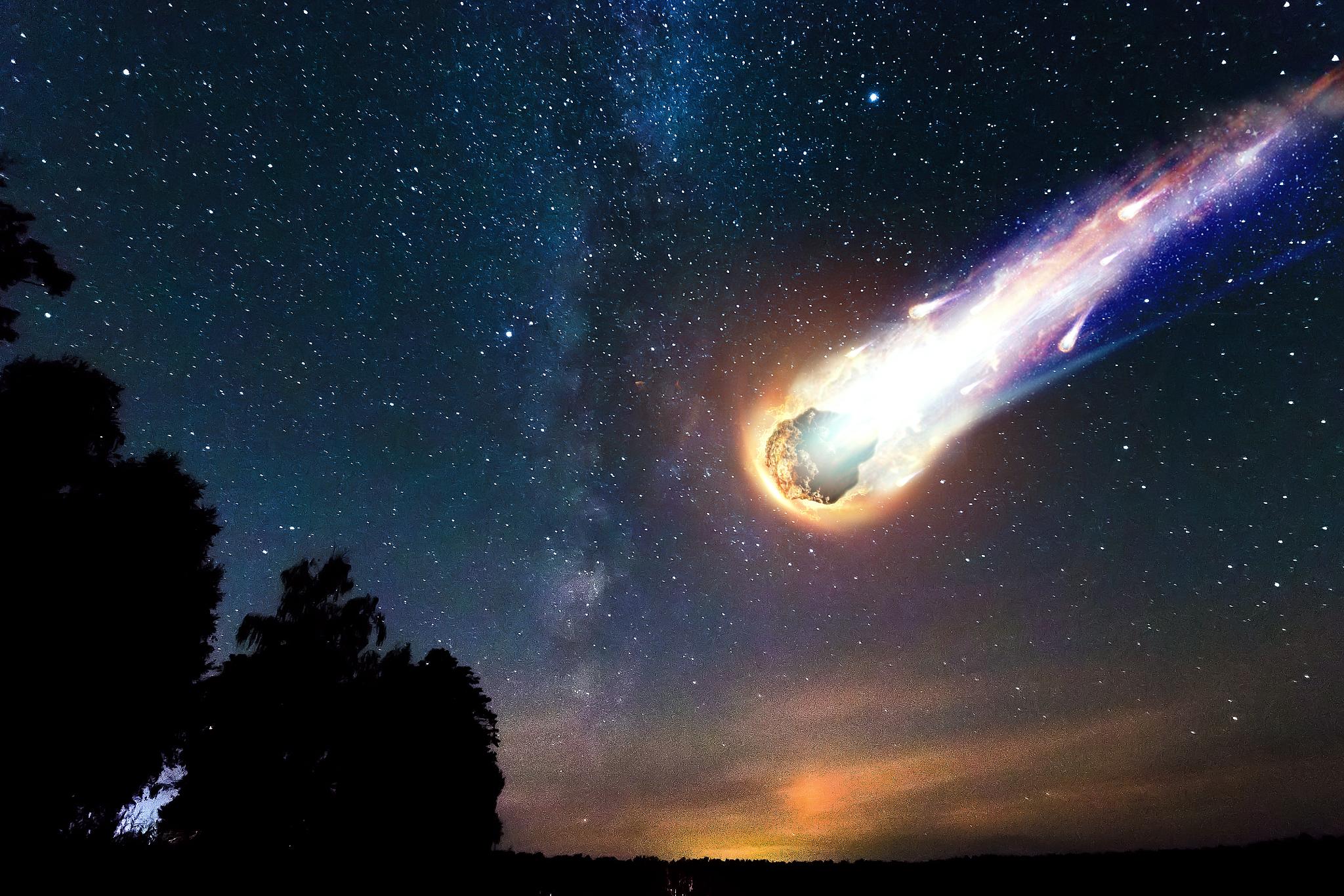 a comet, an asteroid, a meteorite falls to the ground against a 