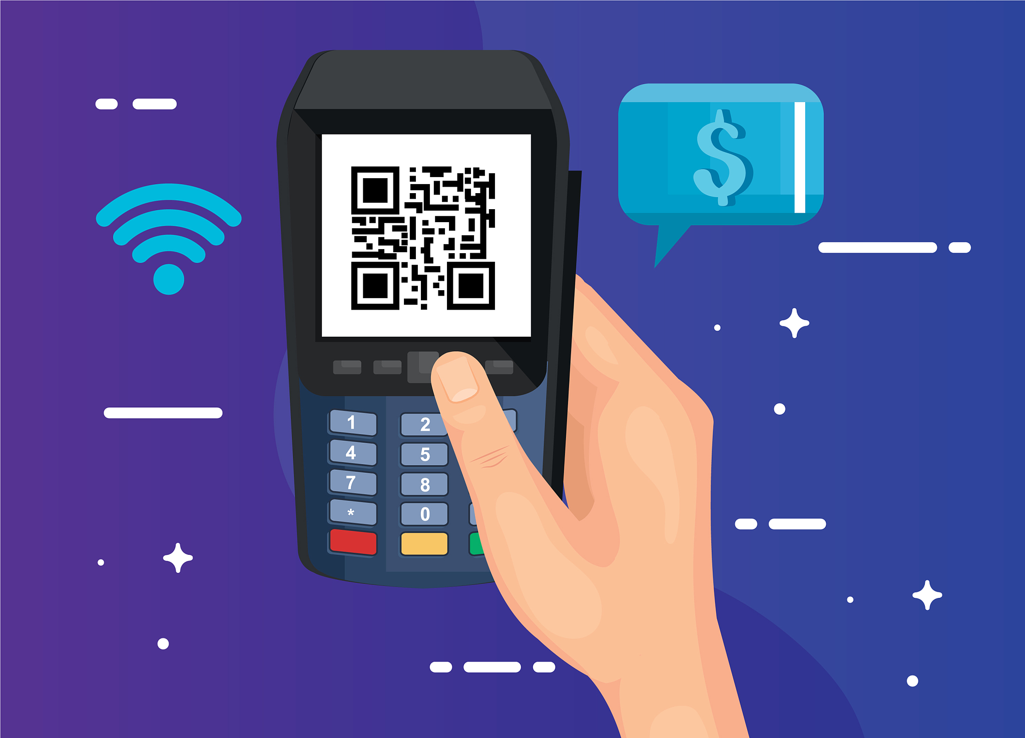 hand using dataphone with scan code qr and icons