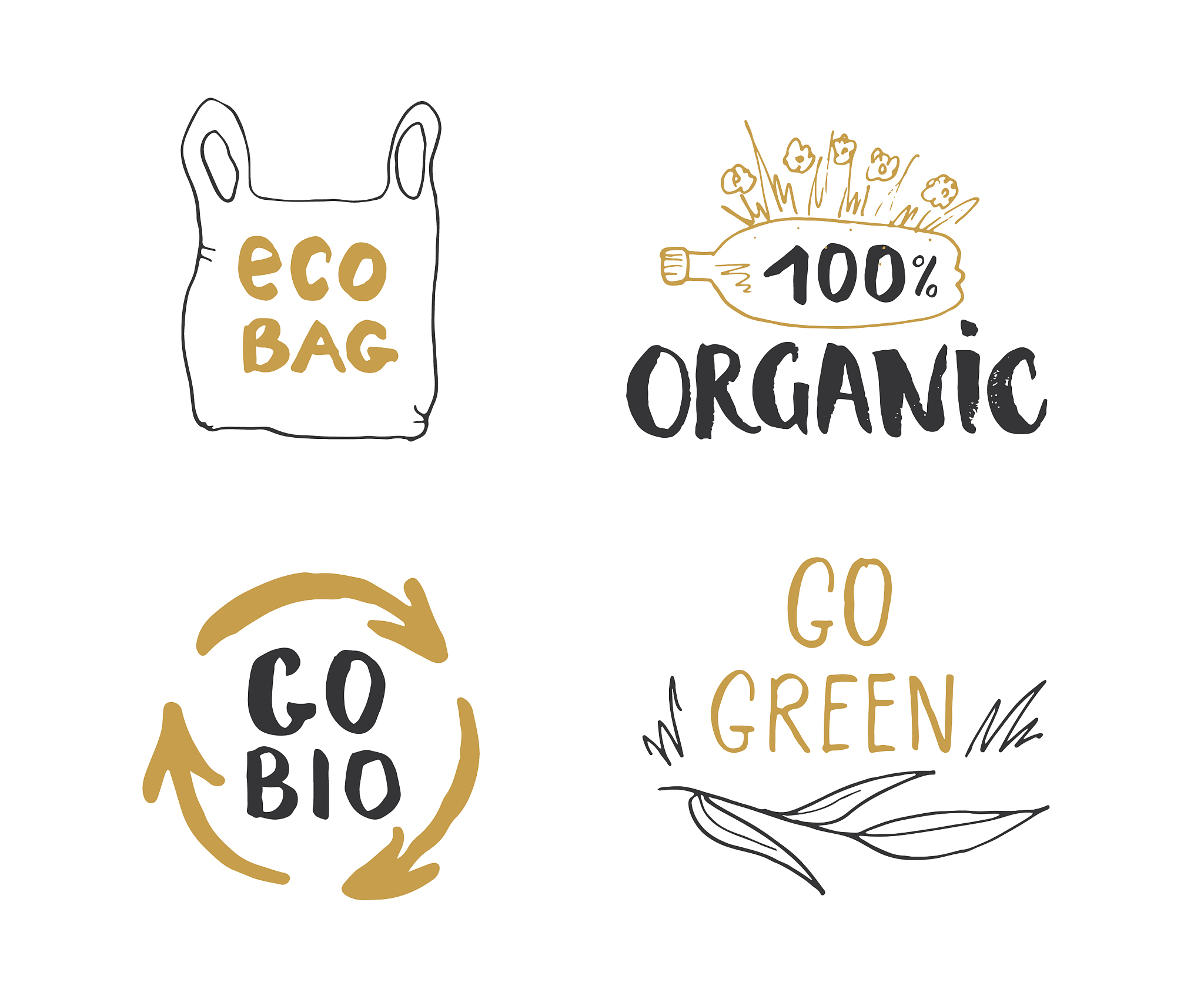 eco and bio hand drawn labels set calligraphic