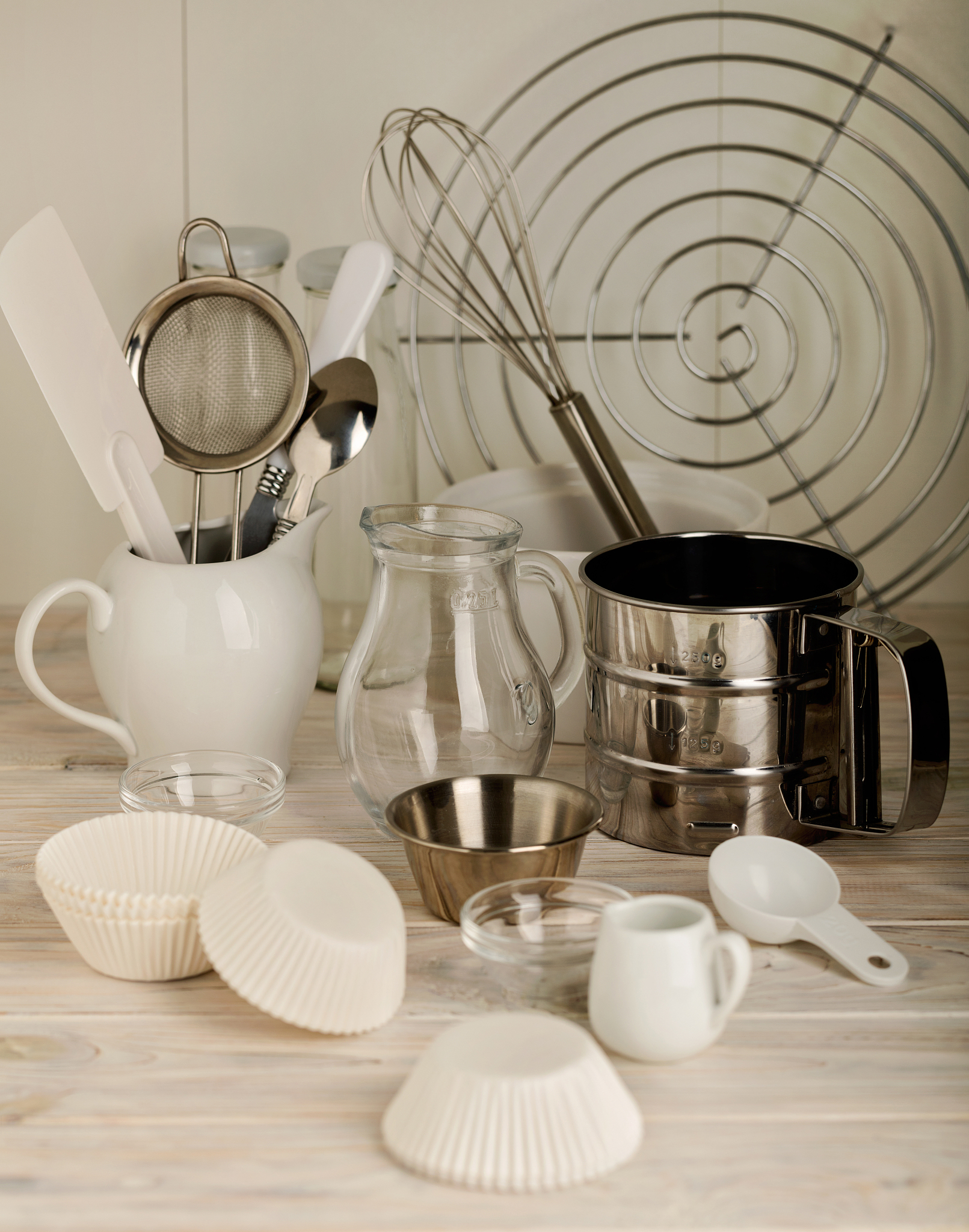 kitchen tools of white and steel color (accessories) for baking 