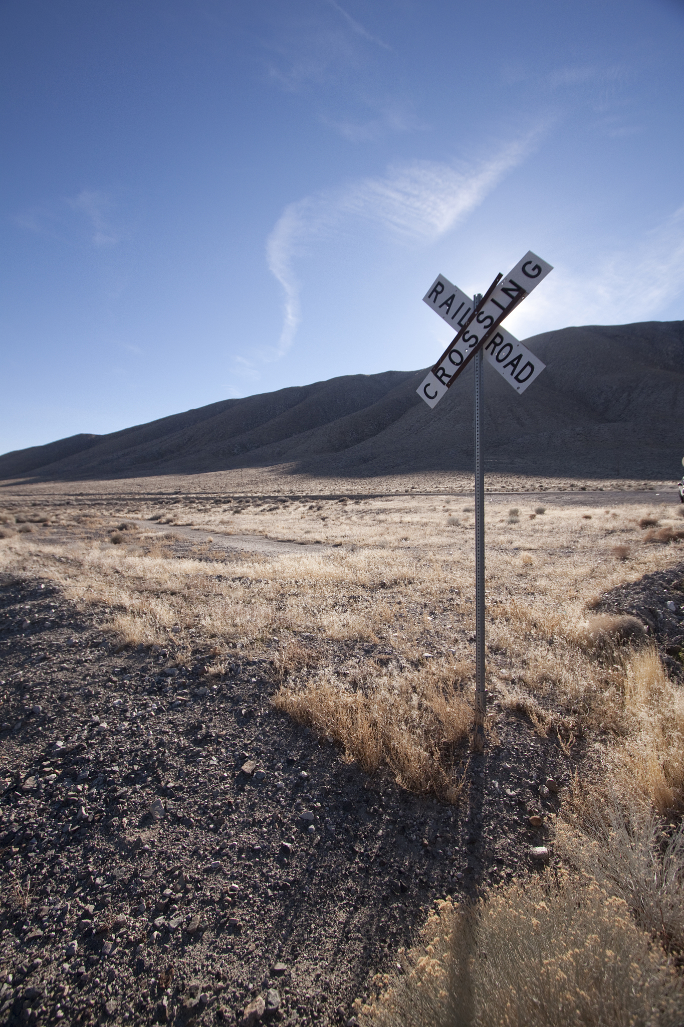 railroad crossing tracks in the desert